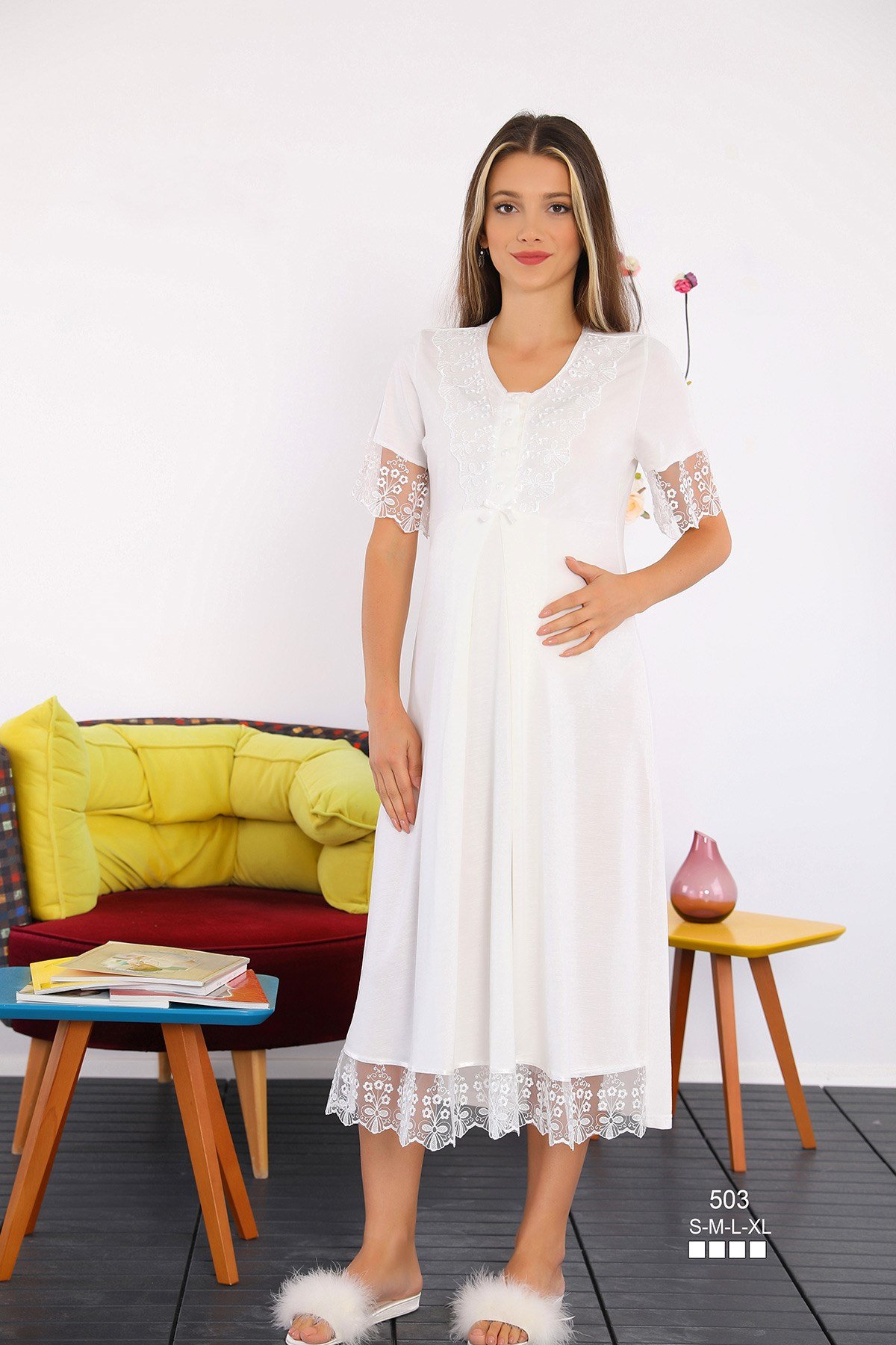 Miss Mirella 503 Ekru Dantelli Lohusa Gecelik Takımı