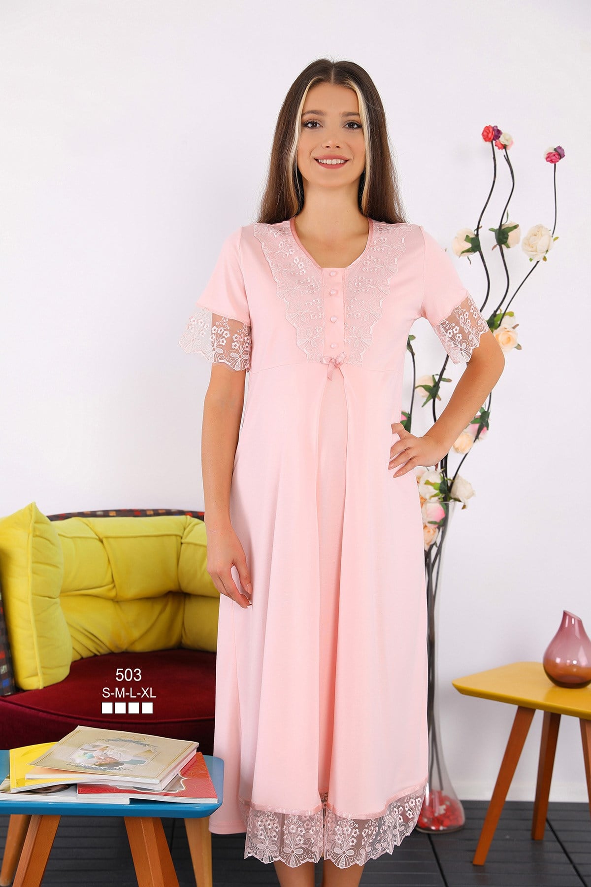 Miss Mirella 503 Pembe Dantelli Lohusa Gecelik Takımı