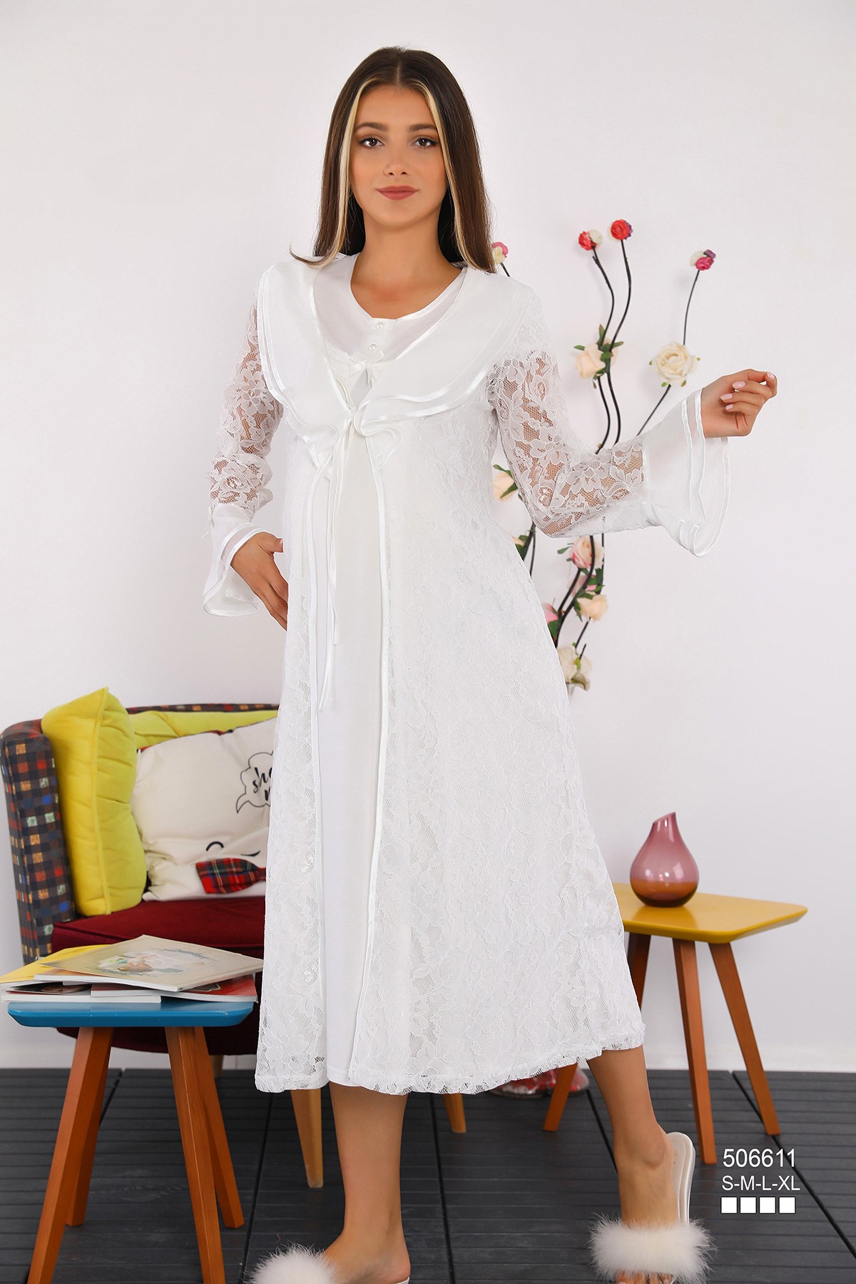 Miss Mirella 506611 Yonca Dantel Sabahlıklı Lohusa Gecelik Takımı