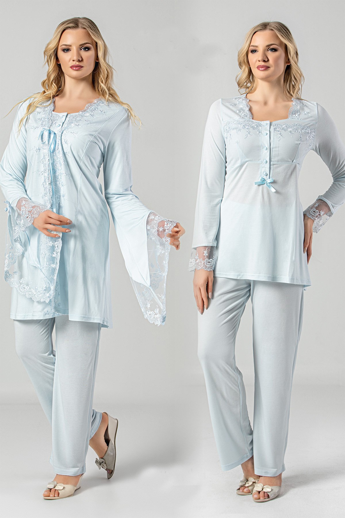 Miss Mirella 702 Mavi Prenses Dantel Sabahlıklı Lohusa Pijama