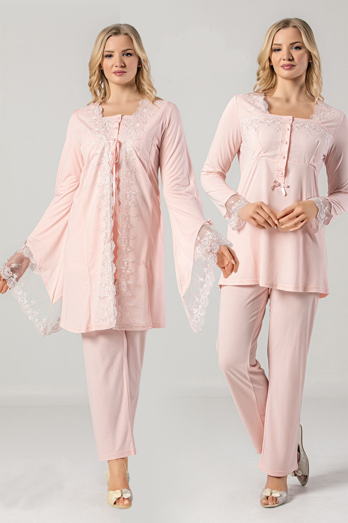 Miss Mirella 702 Pudra Prenses Dantel Sabahlıklı Lohusa Pijama