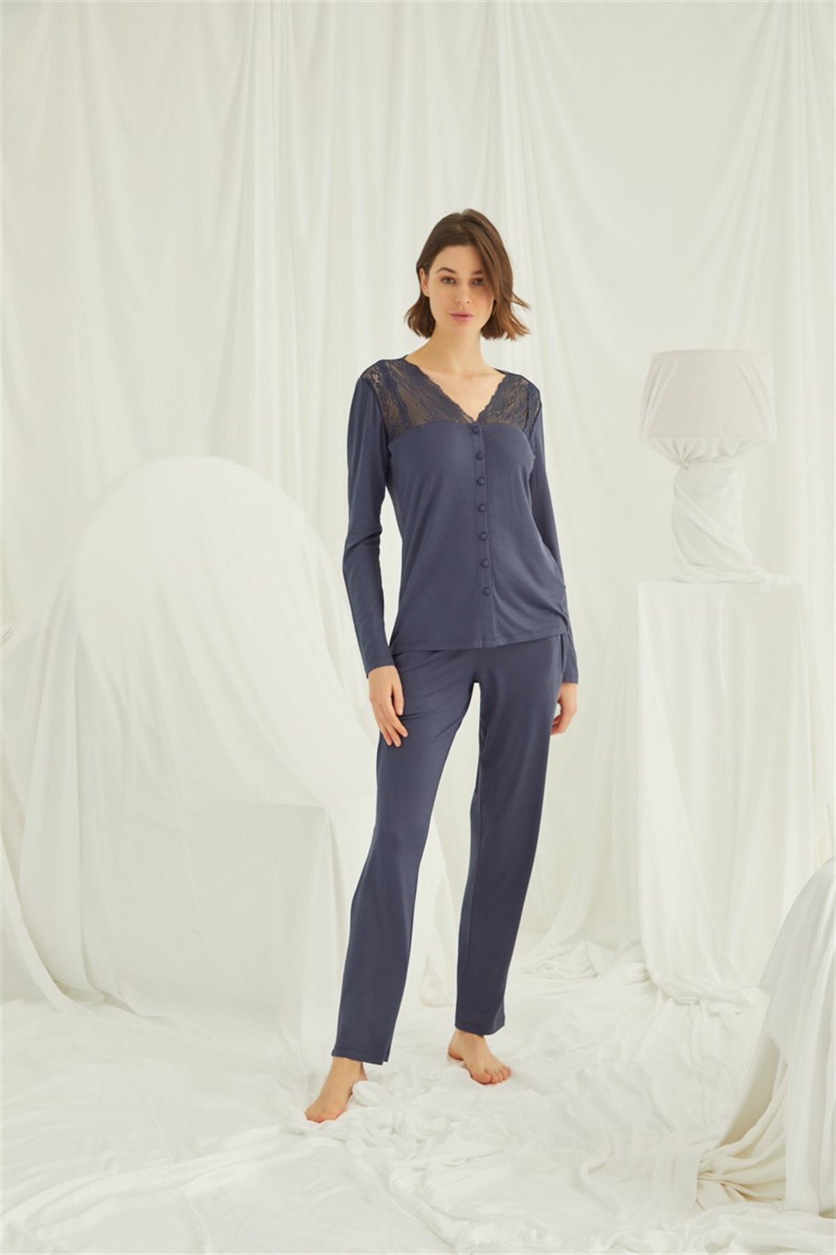 Monamise 18209 Navy Blue Front Buttoned Maternity Pajama