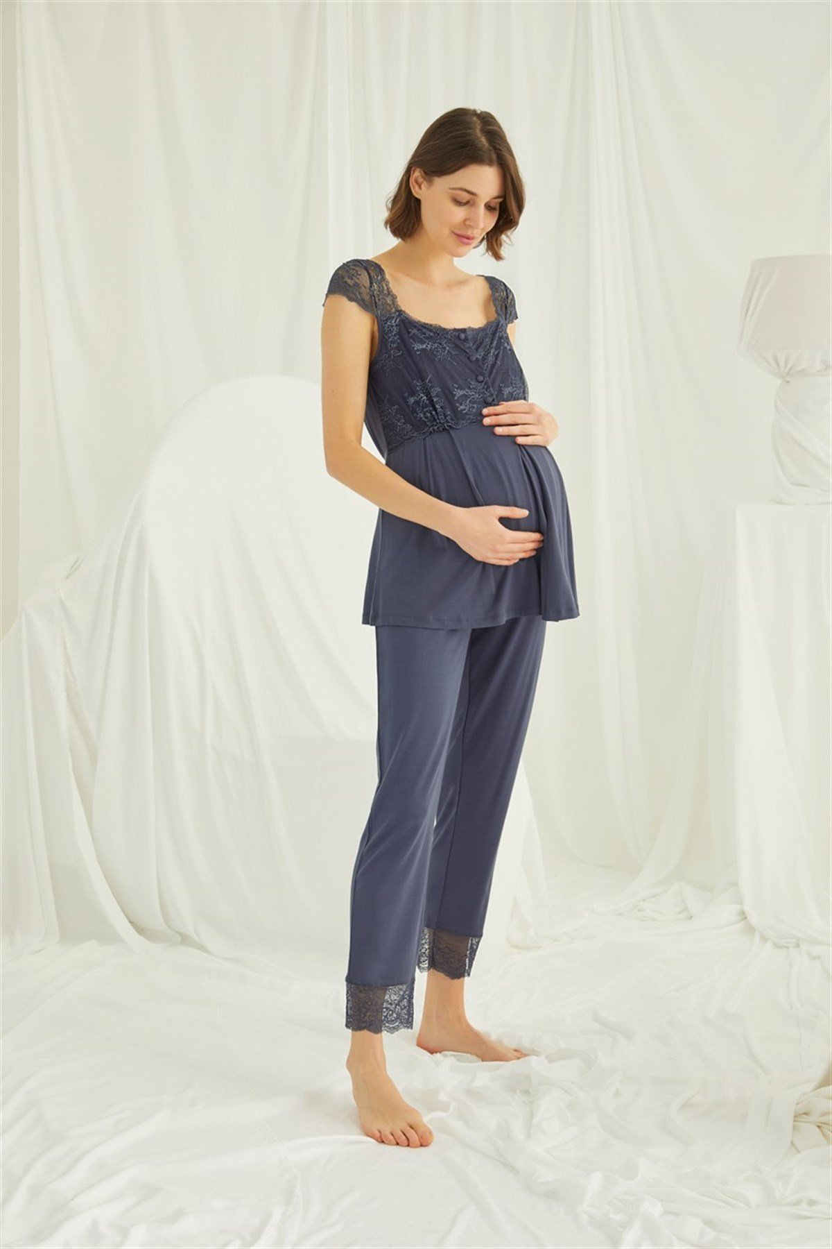 Monamise 18305 Lace Detailed Shoulders Maternity Pajama