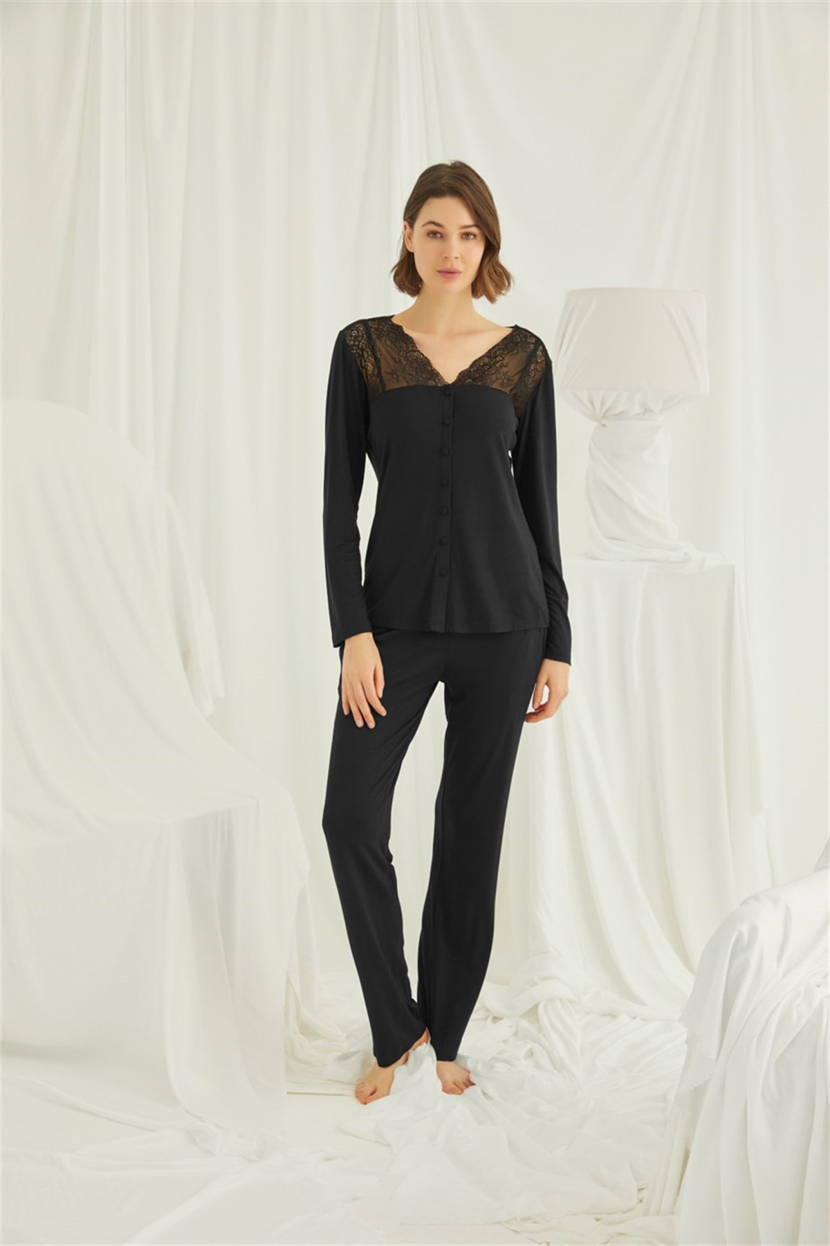 Monamise 18426 Black Lace Detailed Shoulders Front Buttoned Maternity Pajama