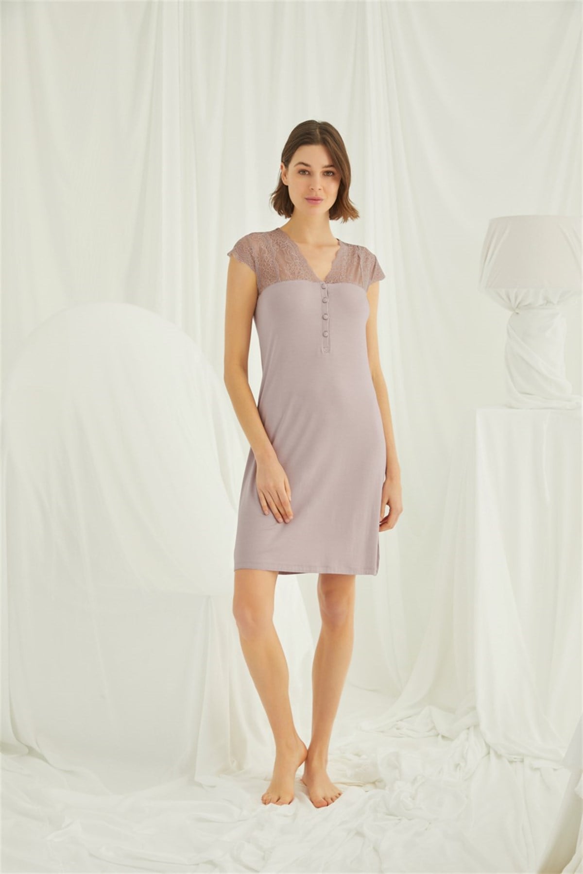 Monamise 18435 Mink Lace Detailed Shoulders Maternity Nightgown