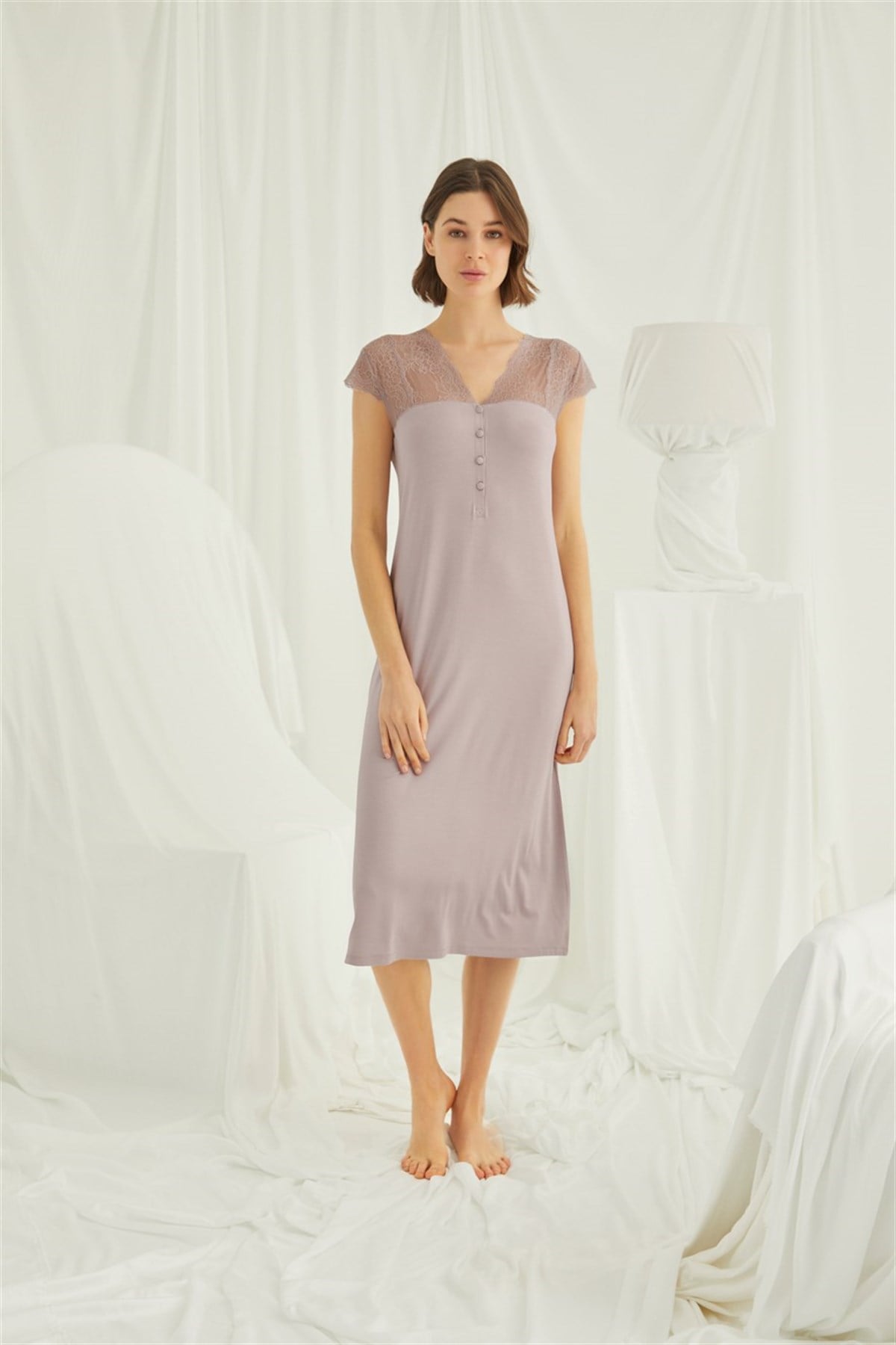 Monamise 18436 Lace Detailed Shoulders Mink Maternity Nightgown