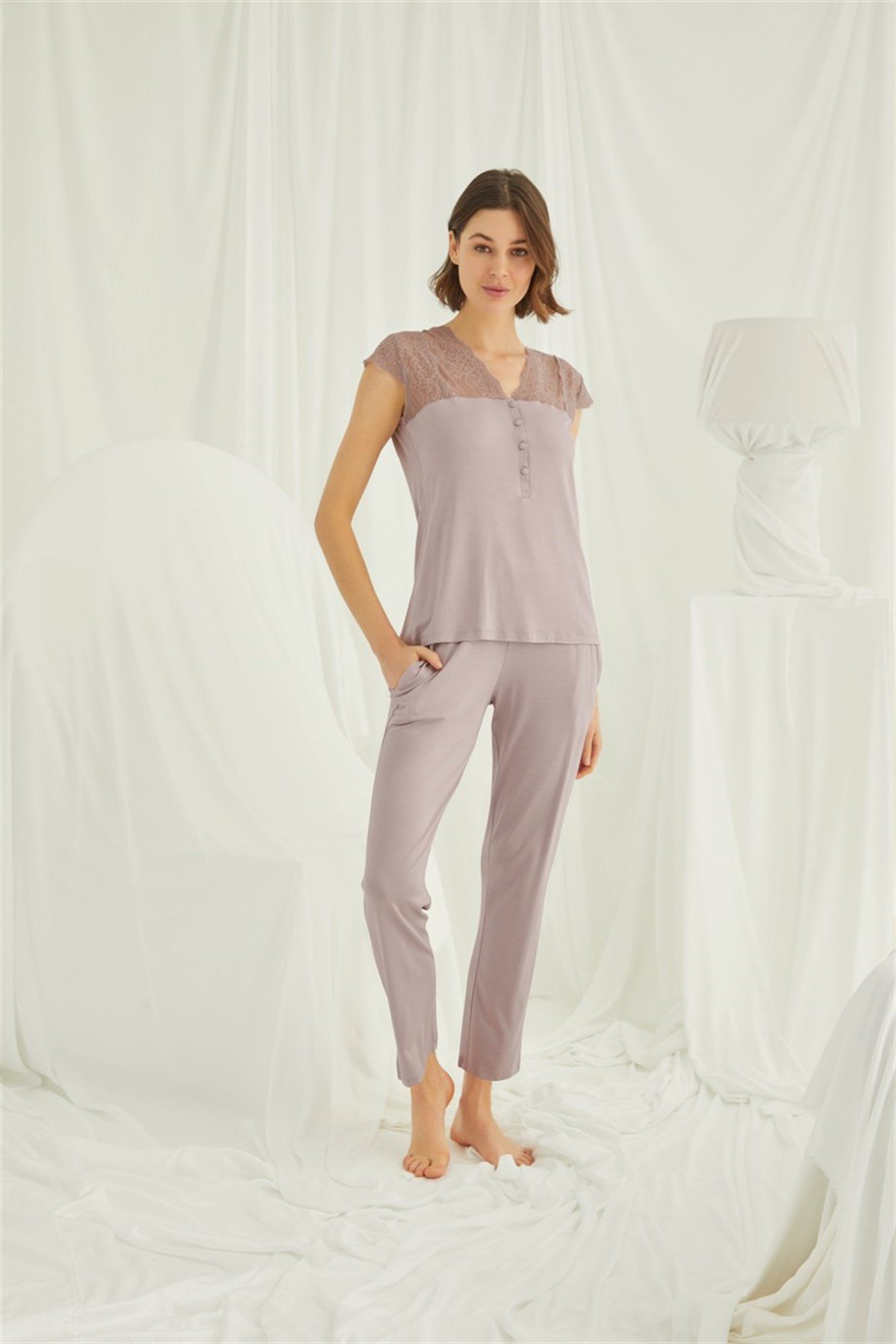 Monamise 18437 Mink Lace Detailed Shoulders Half Buttoned Front Maternity Pajama