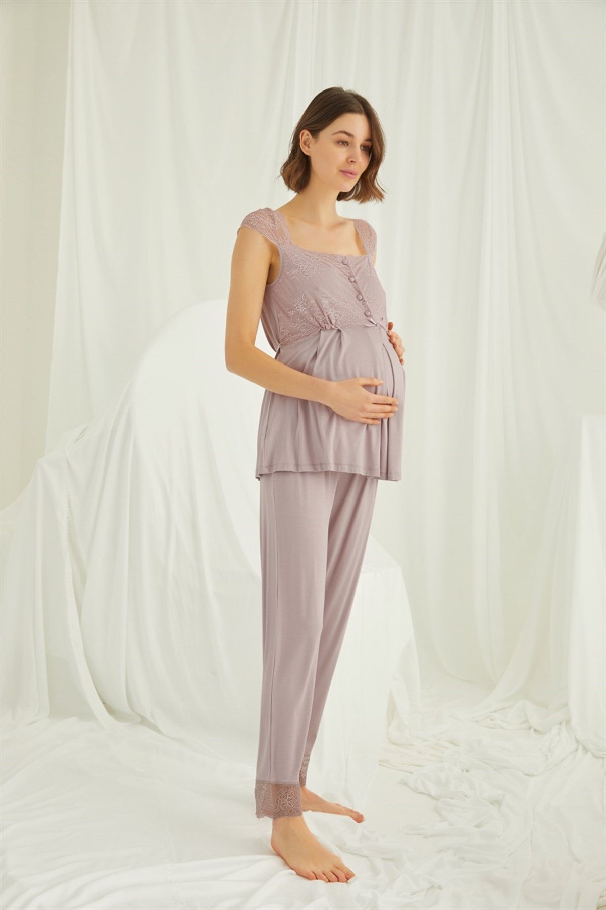 Monamise 18440 Lace Detailed Shoulders Maternity Pajama Takımı