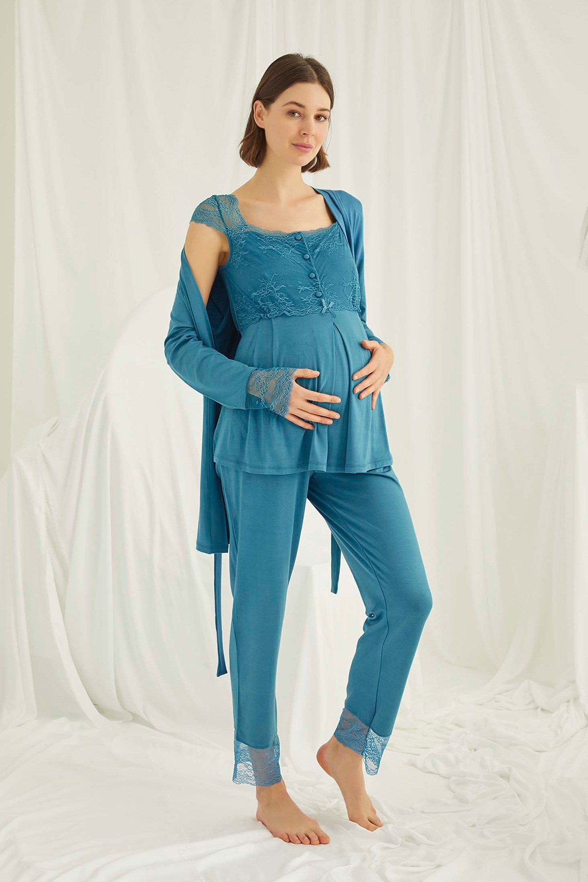 Monamise 18477 Dantel Sabahlıklı Lohusa Pijama Takımı
