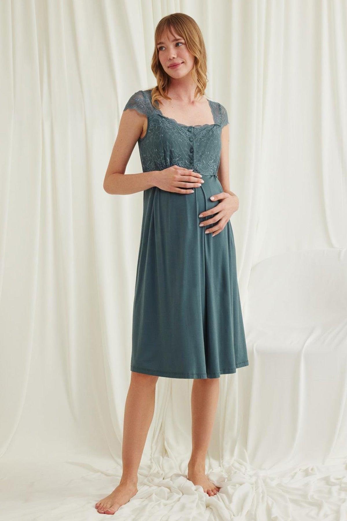 Monamise 18536 Lace Detailed Maternity Nightgown with Breastfeeding Features