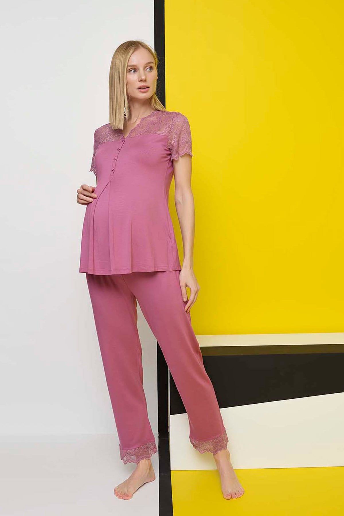 Monamise 21072 Gül Kurusu Omuzları Dantel Lohusa Pijama