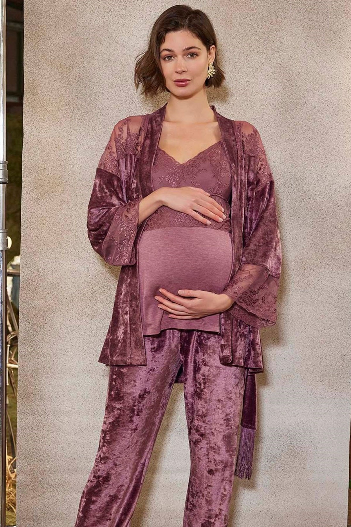 Monamise 21147 Gül Kurusu Kadife Sabahlıklı Lohusa Pijama Takımı