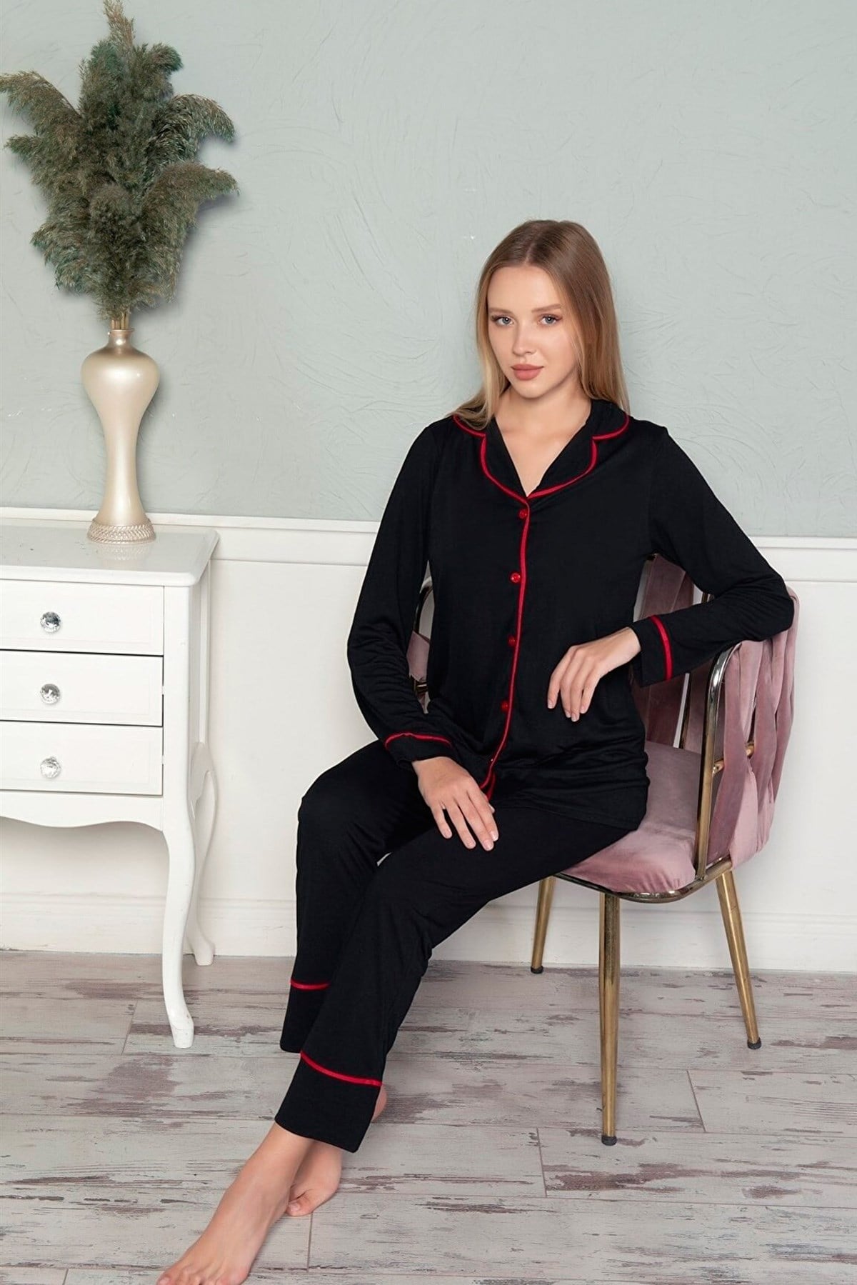 Myben 10048 Siyah Likralı Önden Düğmeli Çizgili Biyeli Pijama Takımı