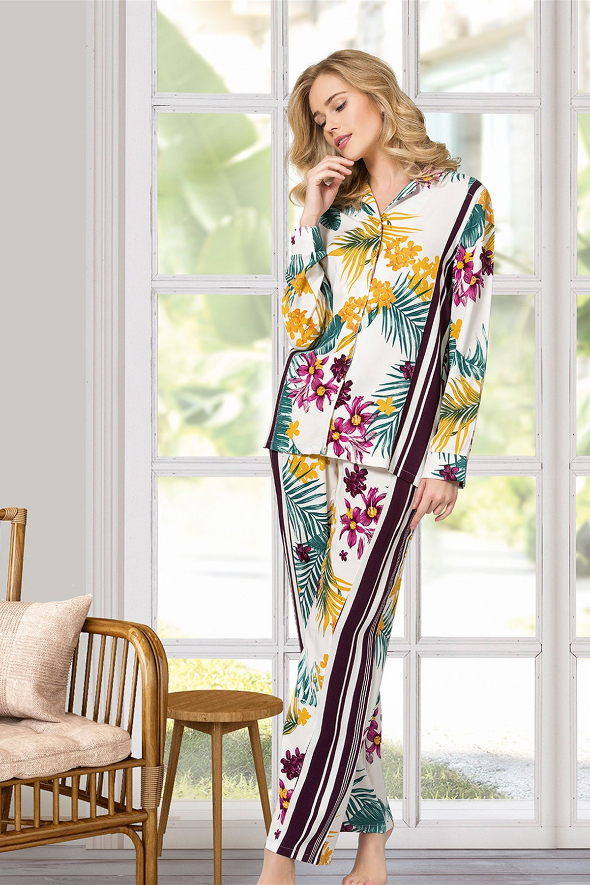 Nbb 66423 Önden Düğmeli Çiçek Desenli Pijama Takımı