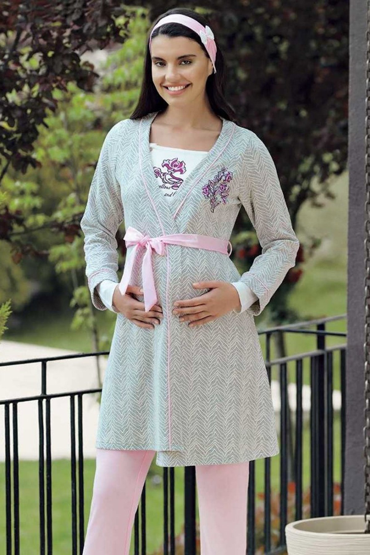 Oyda 23-727 Desen Detaylı Sabahlıklı Lohusa Pijama Takımı