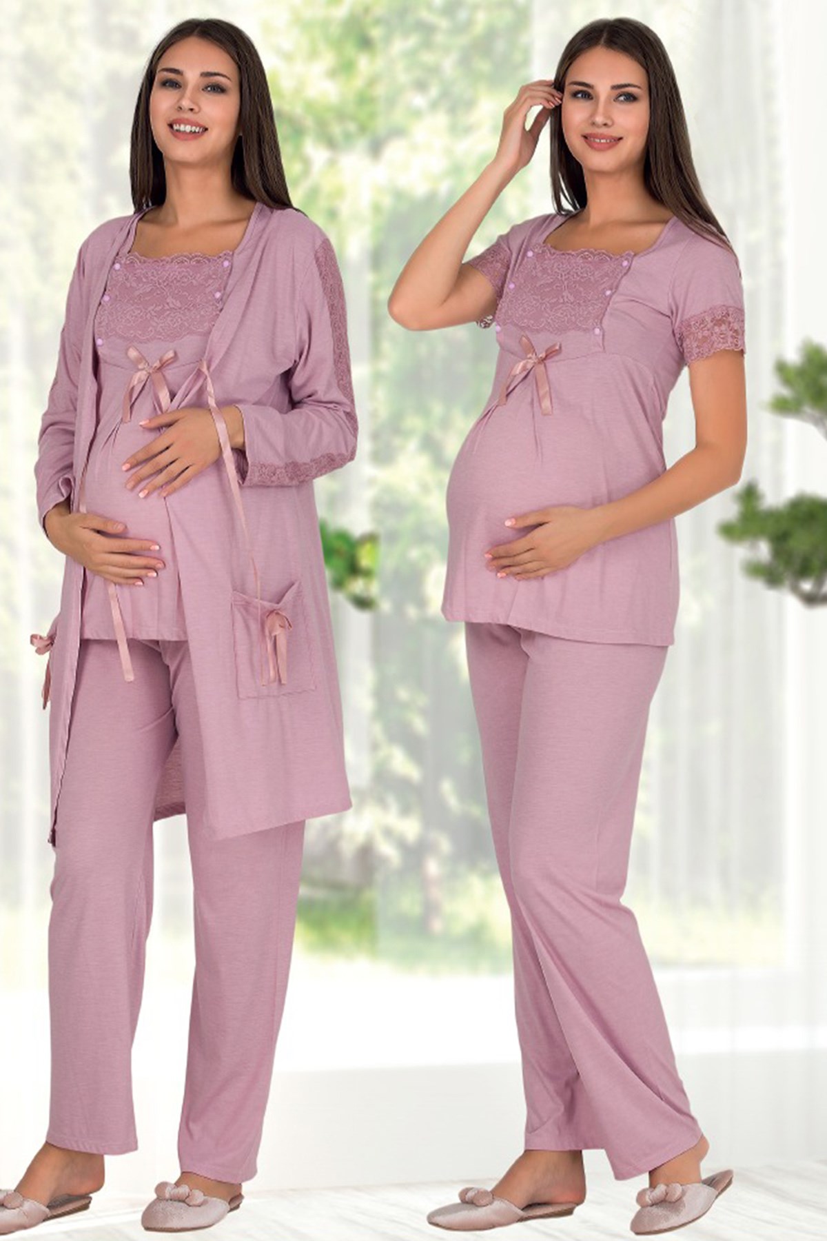 Oyda 5101 Encaje Detallado Sabahlıklı Lohusa Pijama Takımı