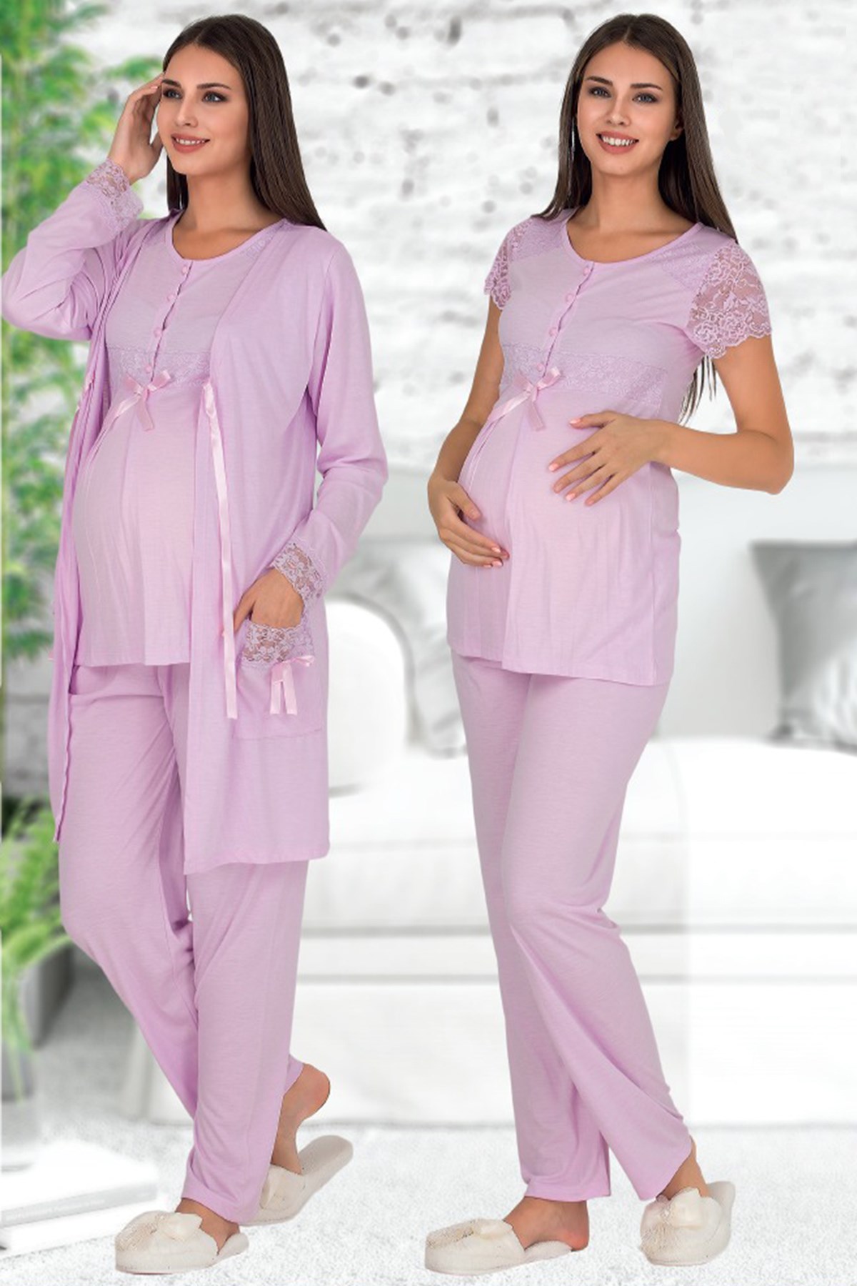 Oyda 5104 Dantel Detaylı Sabahlıklı Lohusa Pijama Takımı