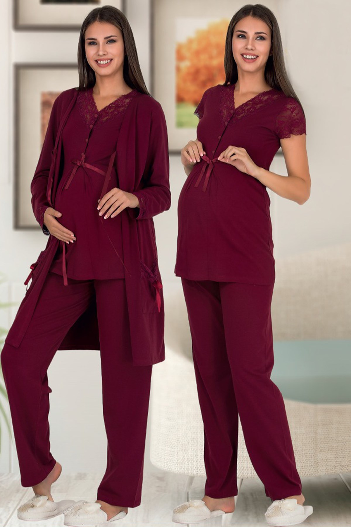 Oyda 5105 Dantel Detaylı Sabahlıklı Lohusa Pijama Takımı