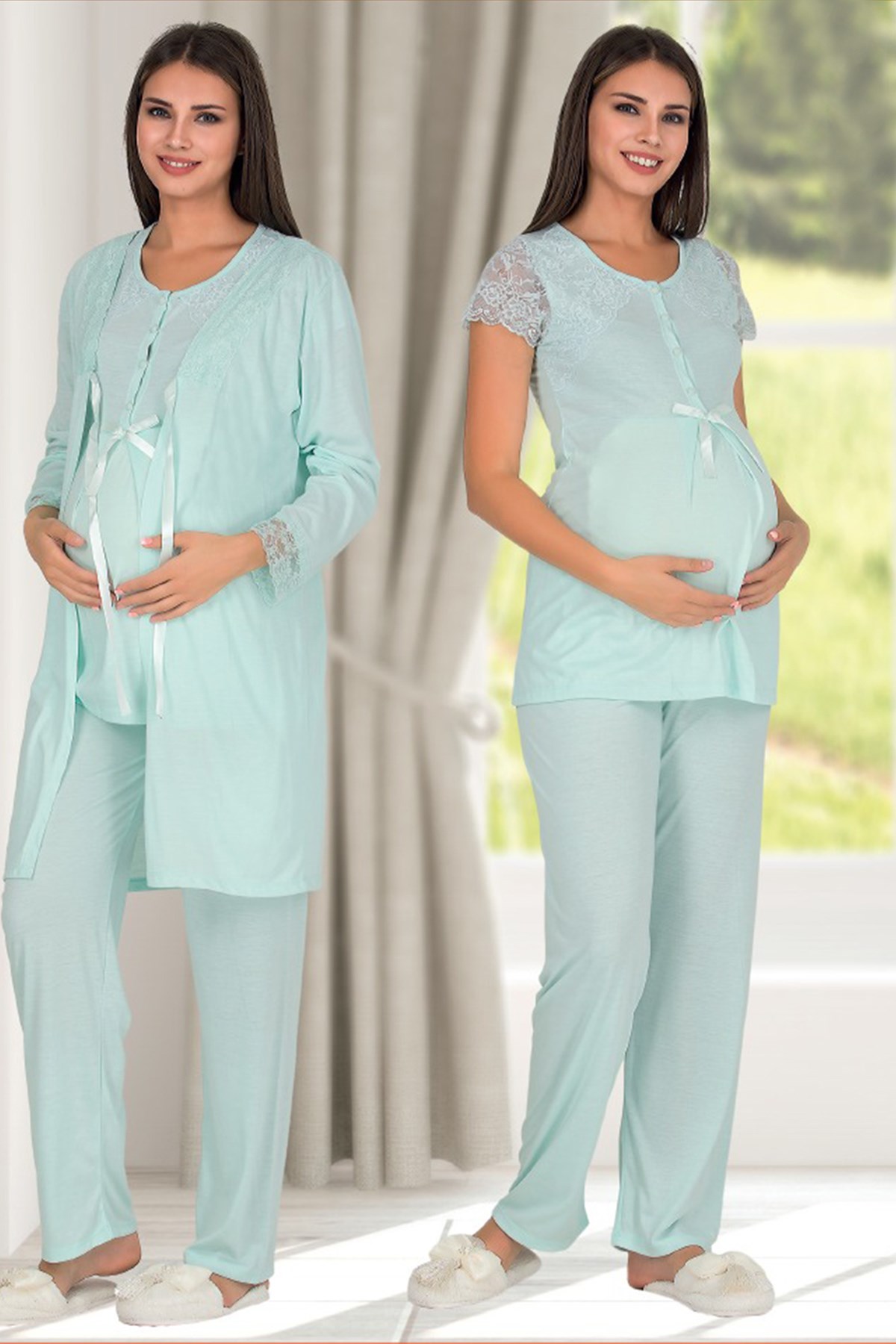Oyda 5107 Dantel Detaylı Sabahlıklı Lohusa Pijama Takımı