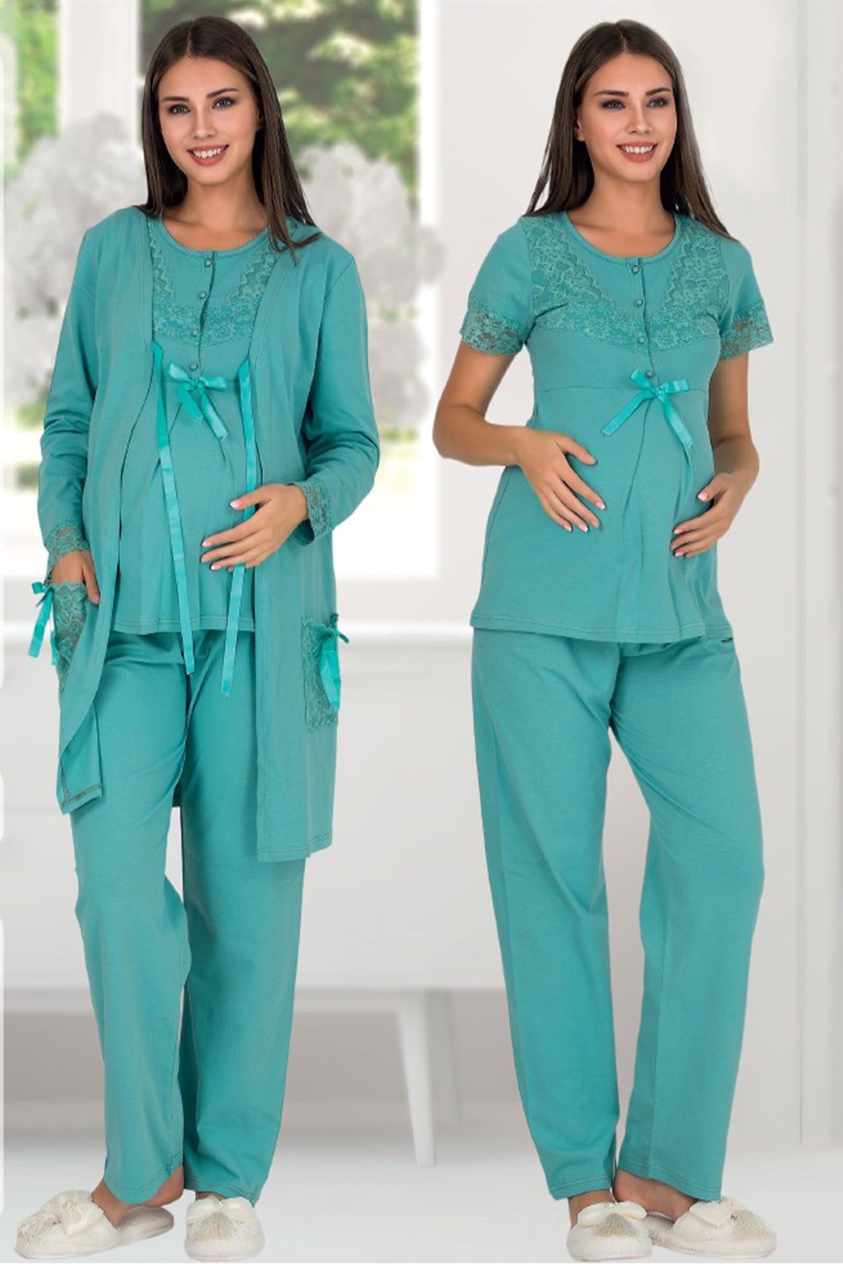 Oyda 5108 Dantel Detaylı Sabahlıklı Lohusa Pijama Takımı
