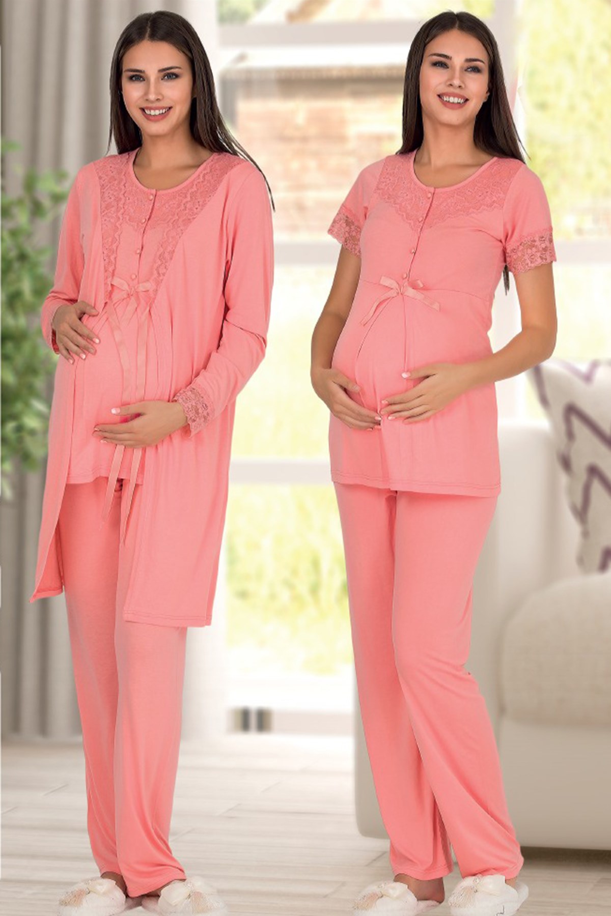 Oyda 5109 Dantel Detaylı Sabahlıklı Lohusa Pijama Takımı