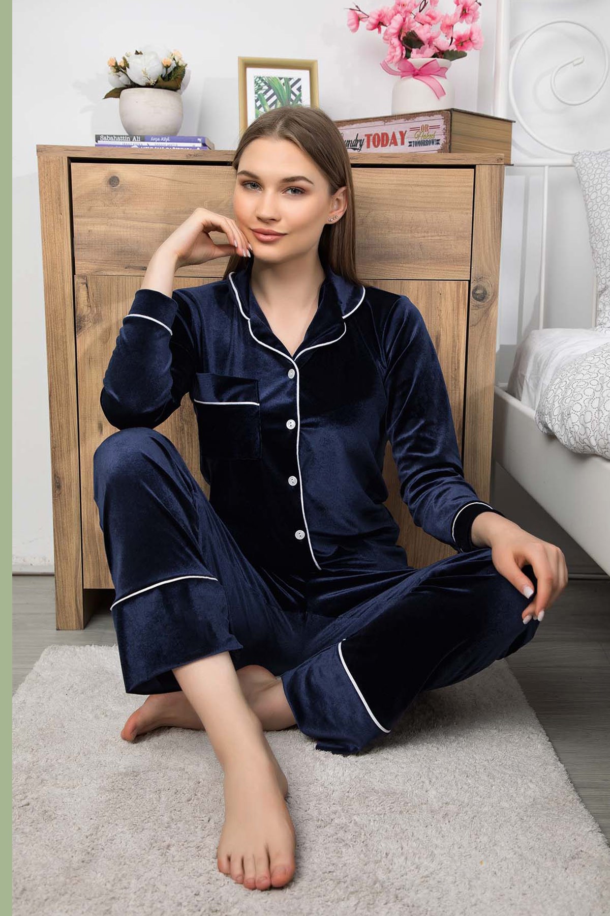 Polat Yıldız 30100 Kadife Önden Düğmeli Lohusa Pijama