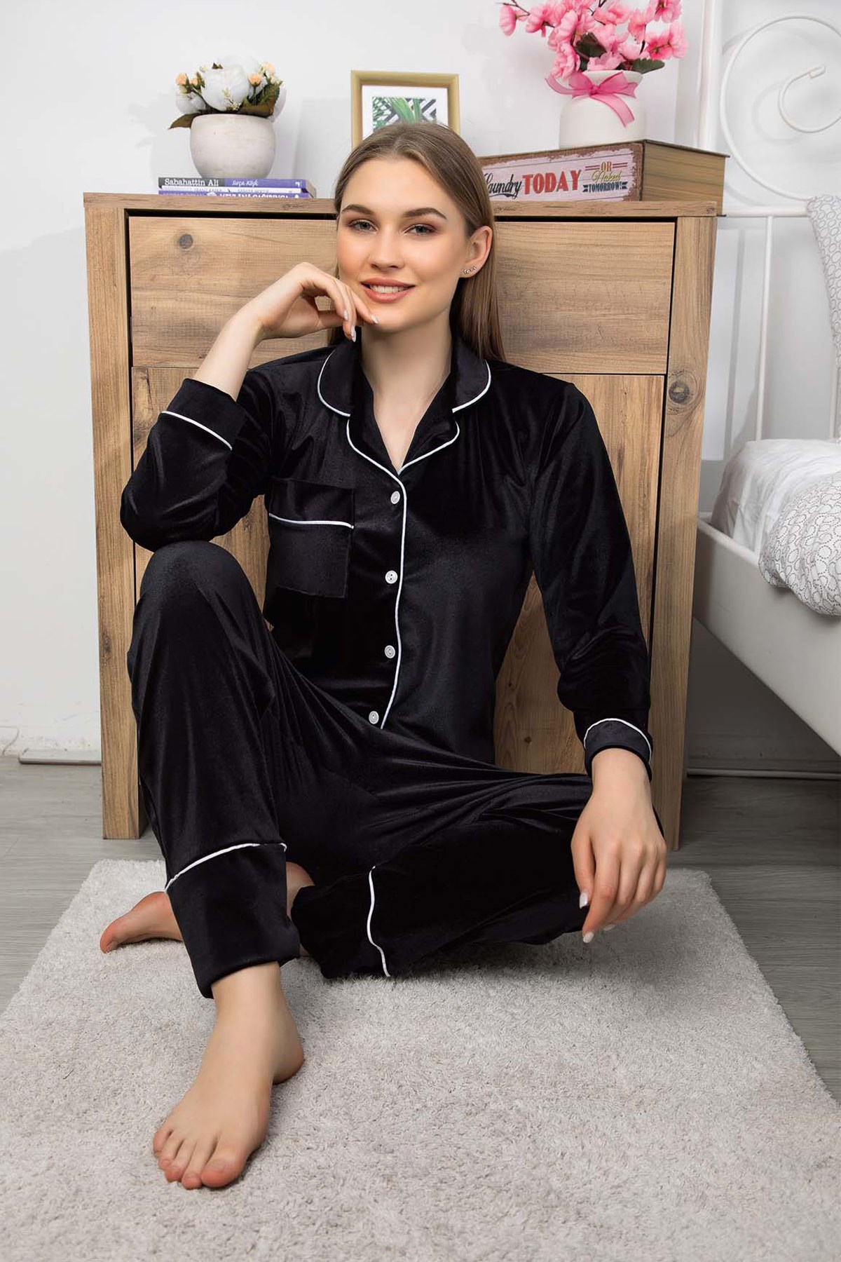Polat Yıldız 30102 Kadife Önden Düğmeli Lohusa Pijama