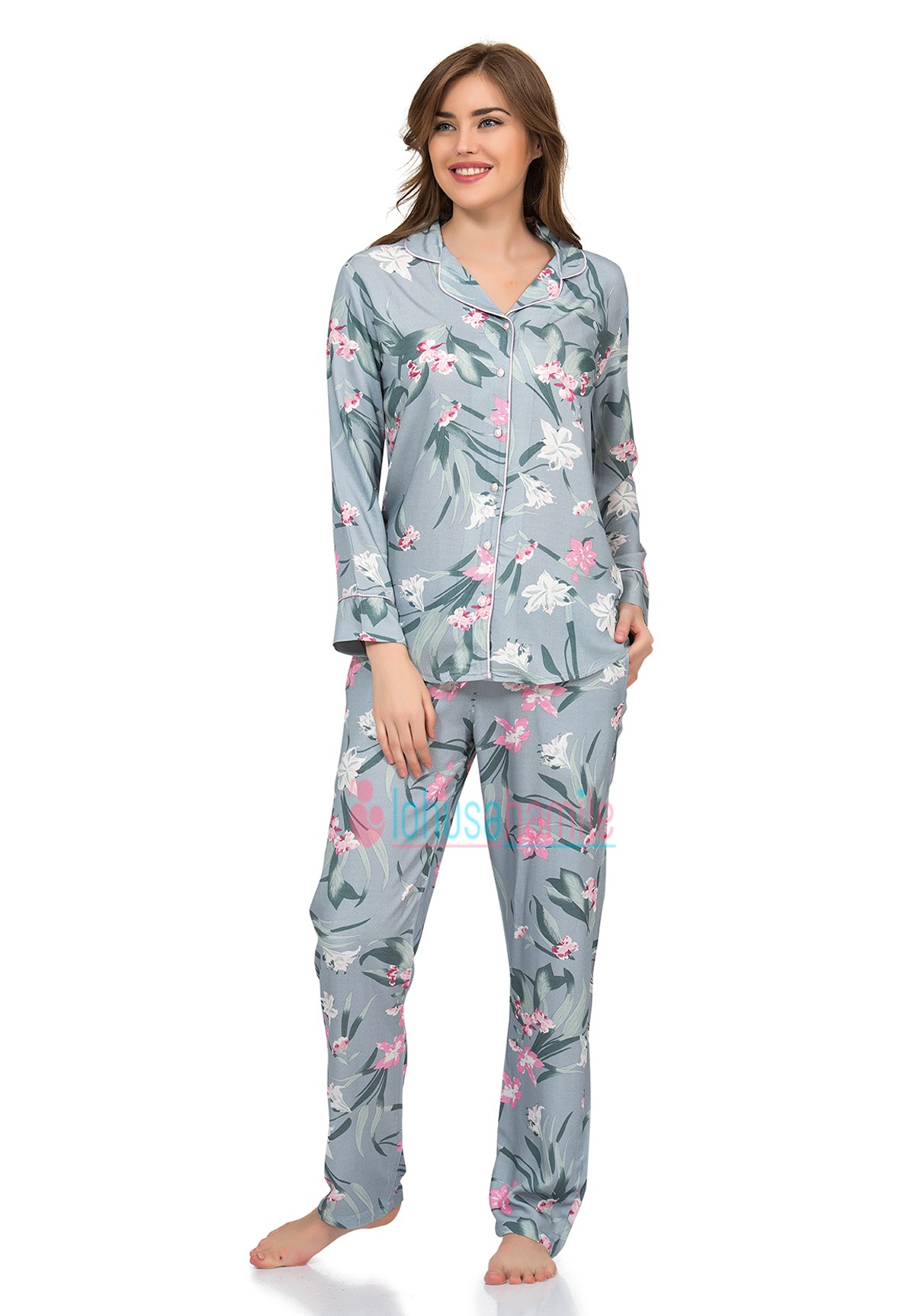 Poleren 5974 Çiçek Desenli Önden Düğmeli Lohusa Pijama Takımı