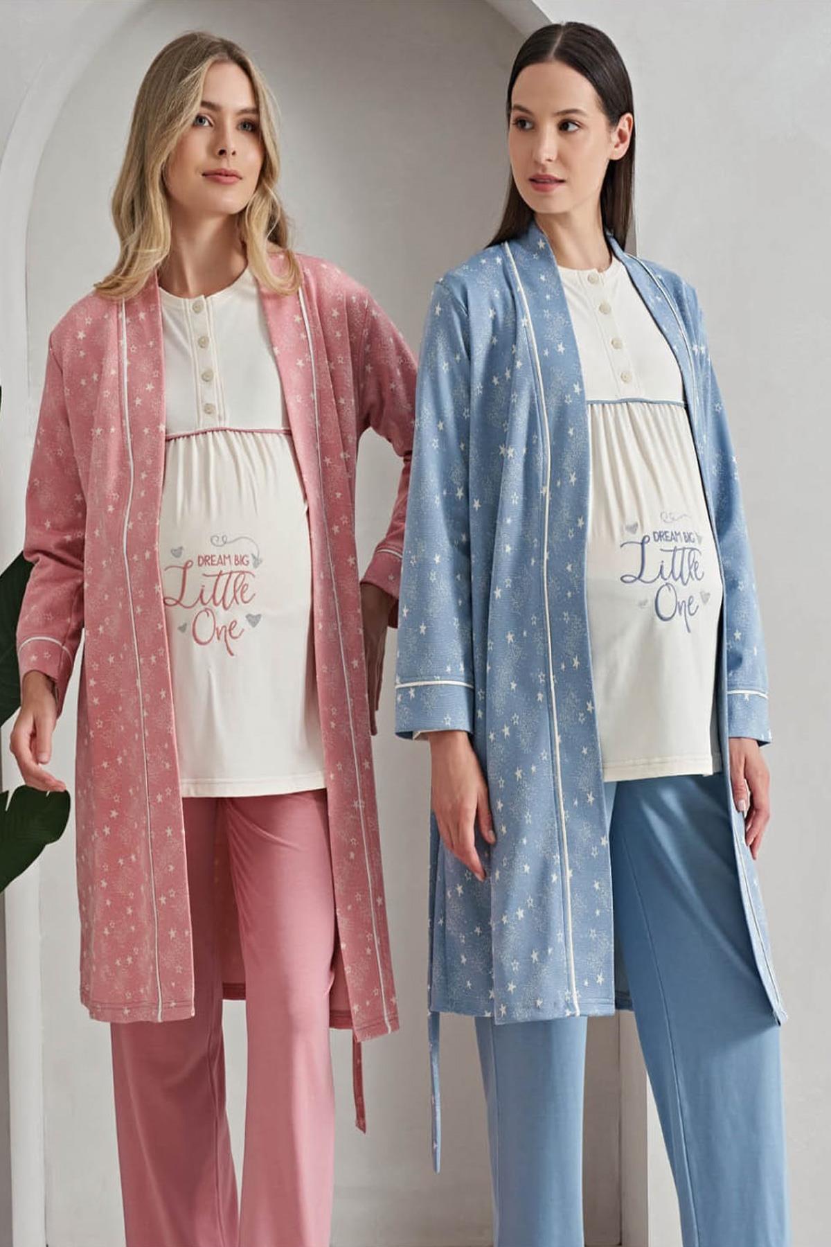 Poleren 8160 Mavi Desen Sabahlıklı Lohusa Pijama Takımı