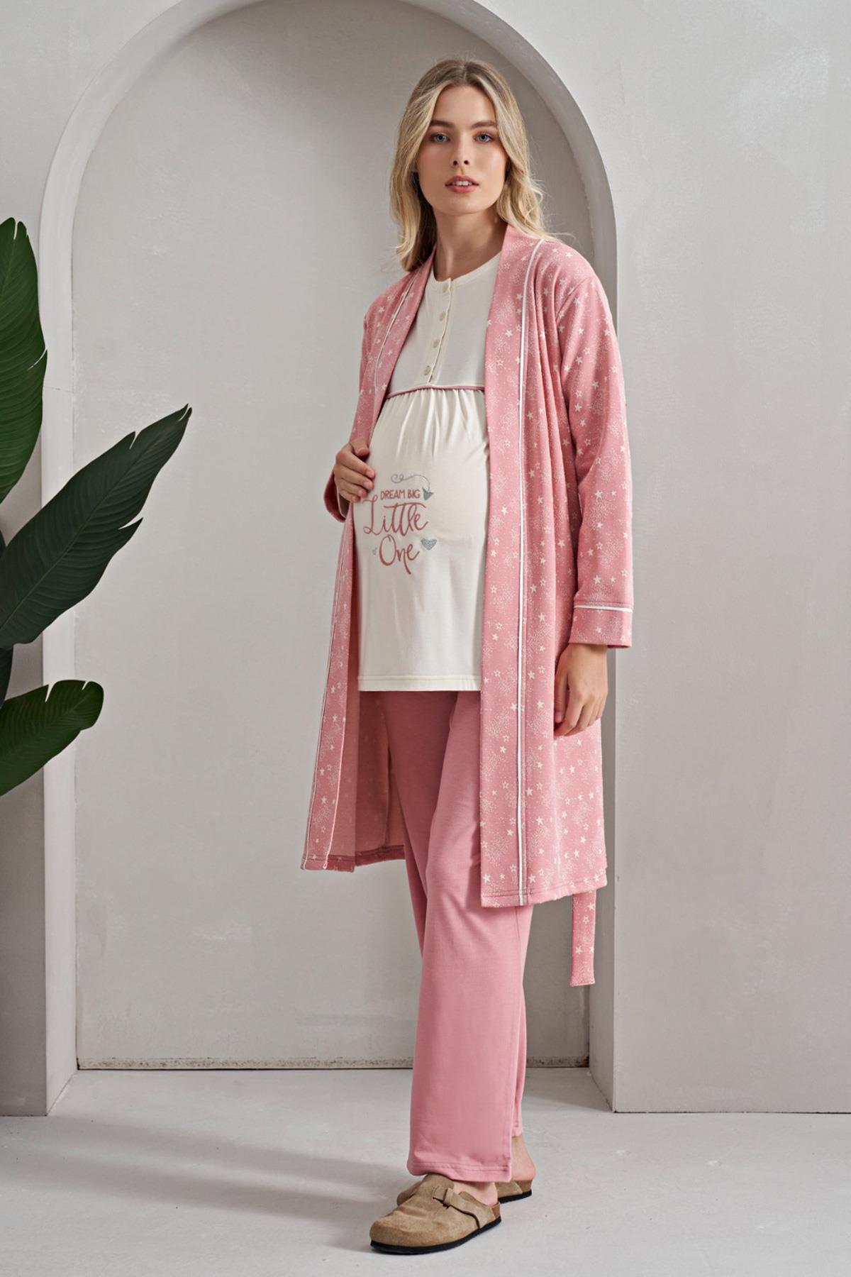 Poleren 8160 Pembe Desen Sabahlıklı Lohusa Pijama Takımı