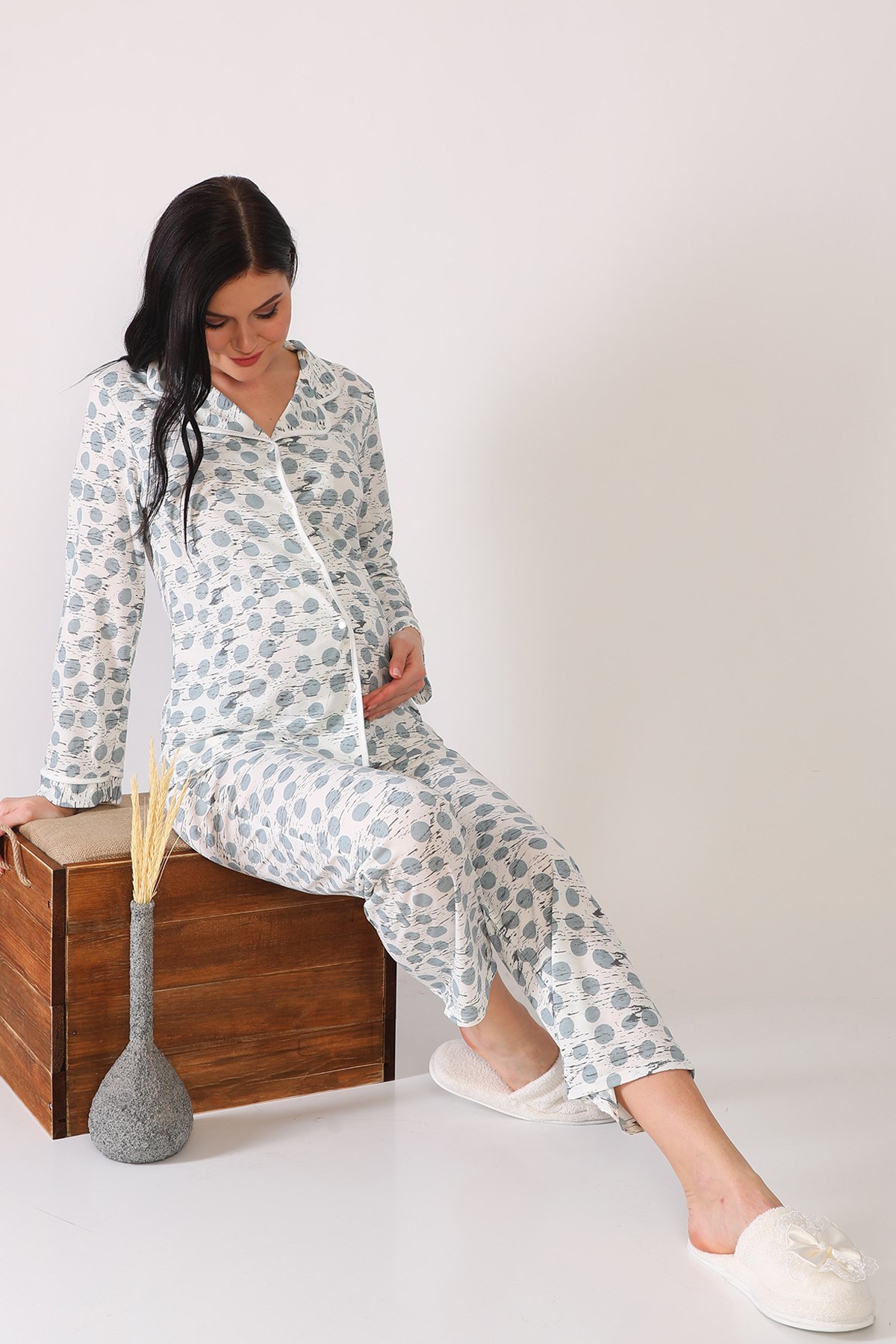 Puanlı 1001 Önden Düğmeli Lohusa Pijama Takımı