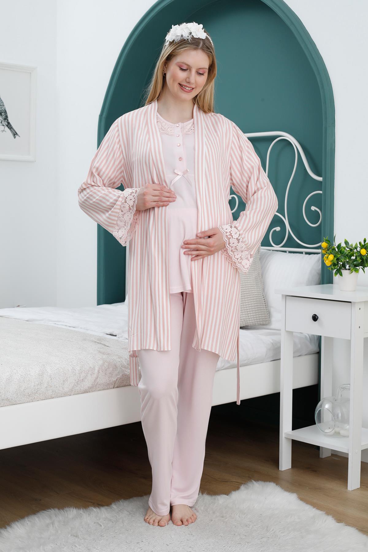 Pudra Çizgili Kolları Dantel Sabahlıklı Lohusa Pijama Takımı - 2369