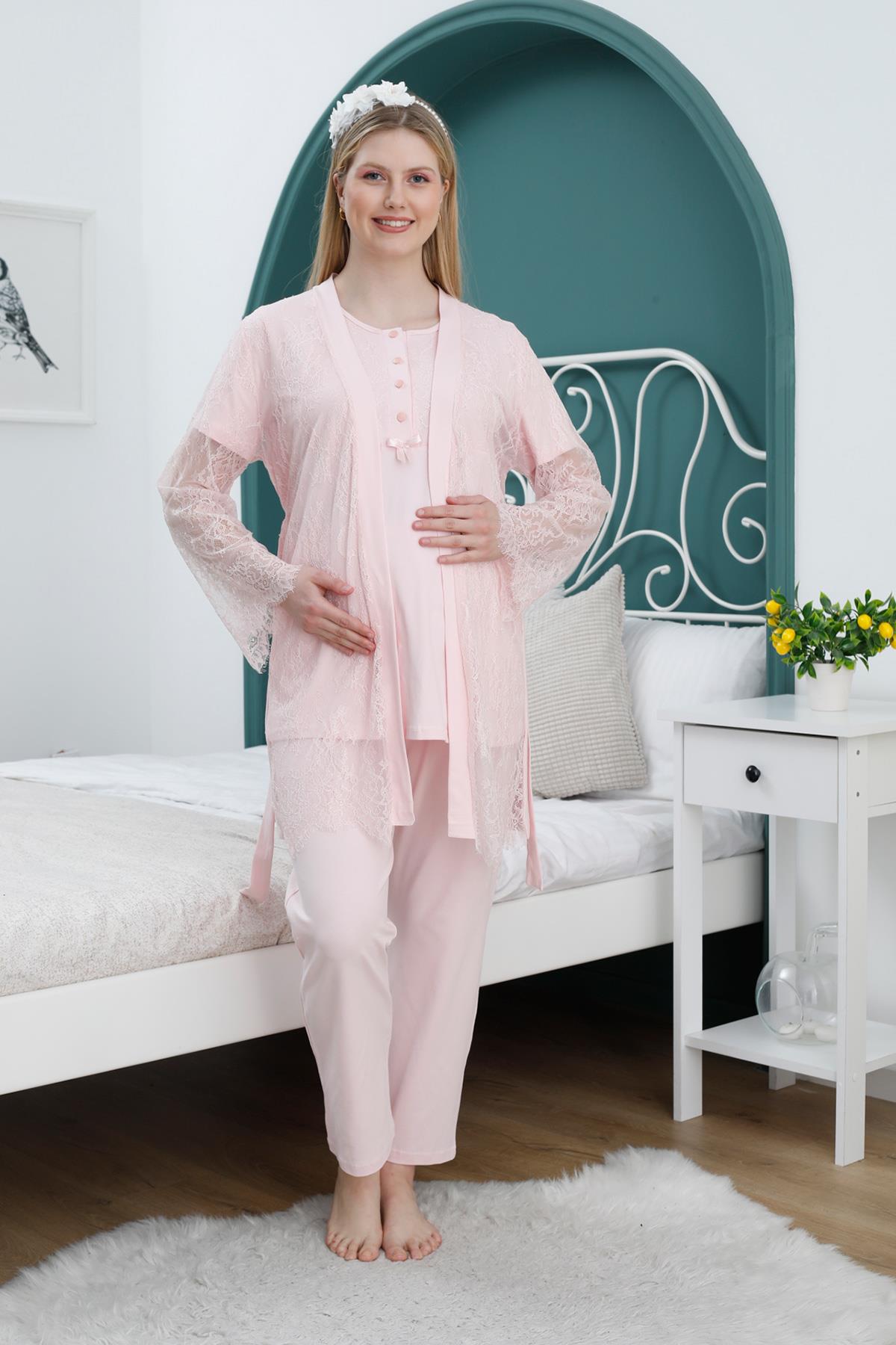 Pudra Dantel Detaylı Sabahlıklı Lohusa Pijama Takımı - 2370