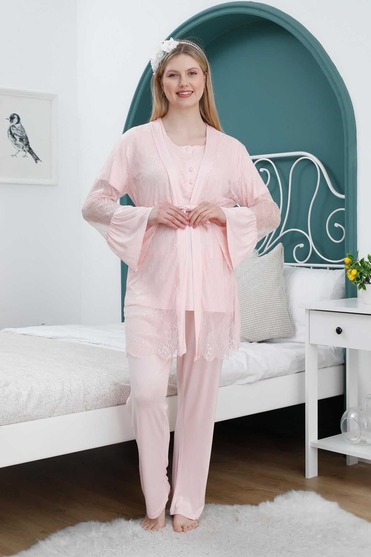 Pudra Volan Kol Dantel Sabahlıklı Lohusa Pijama Takımı - 2360