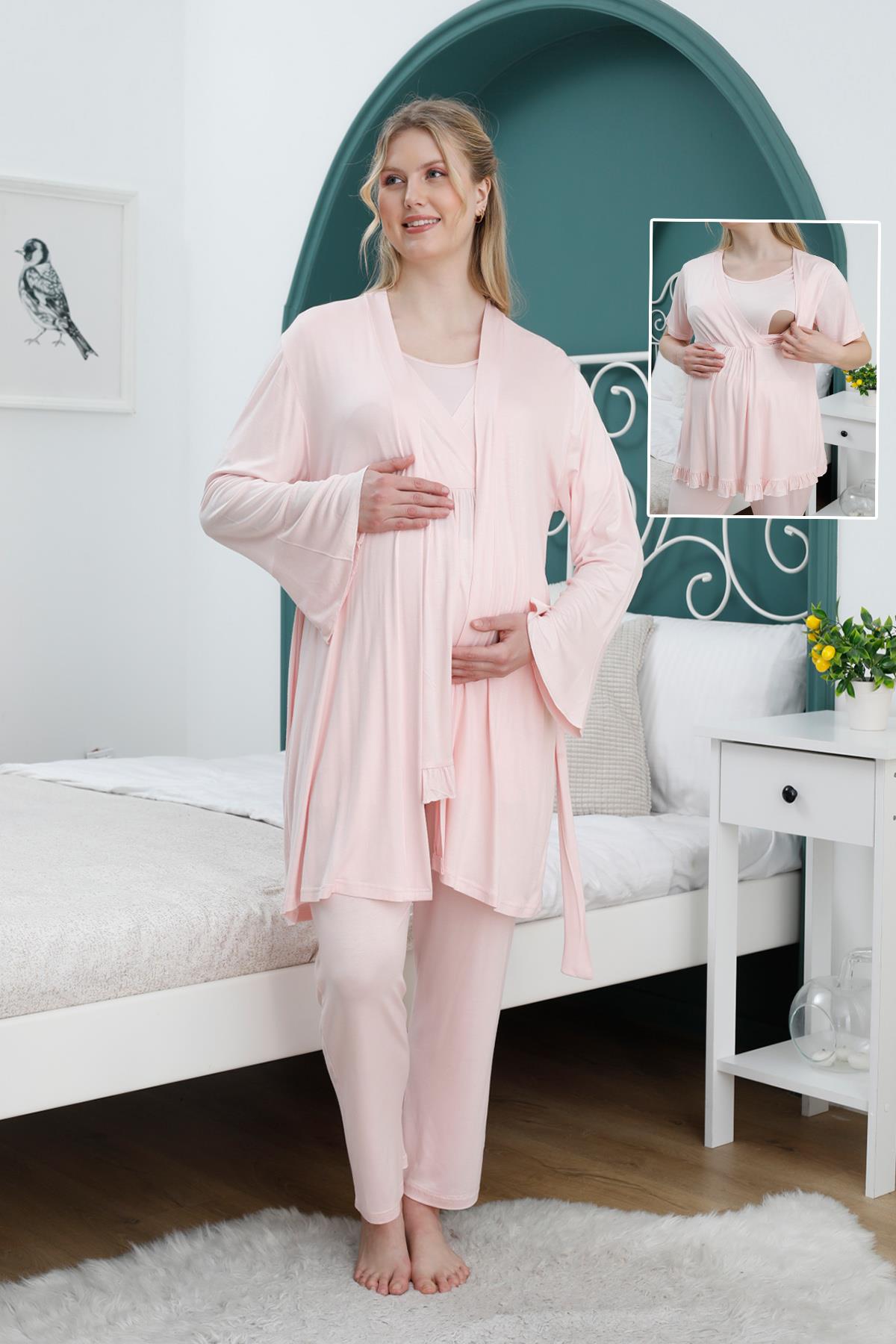 Pudra Volan Kol Sabahlıklı Kruvaze Gizli Emzirmeli Lohusa Pijama Takımı - 2382