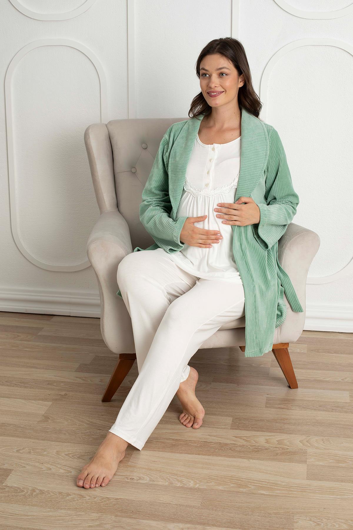 Rimel Life 2341 Yeşil Kadife Sabahlıklı Lohusa Pijama Takımı