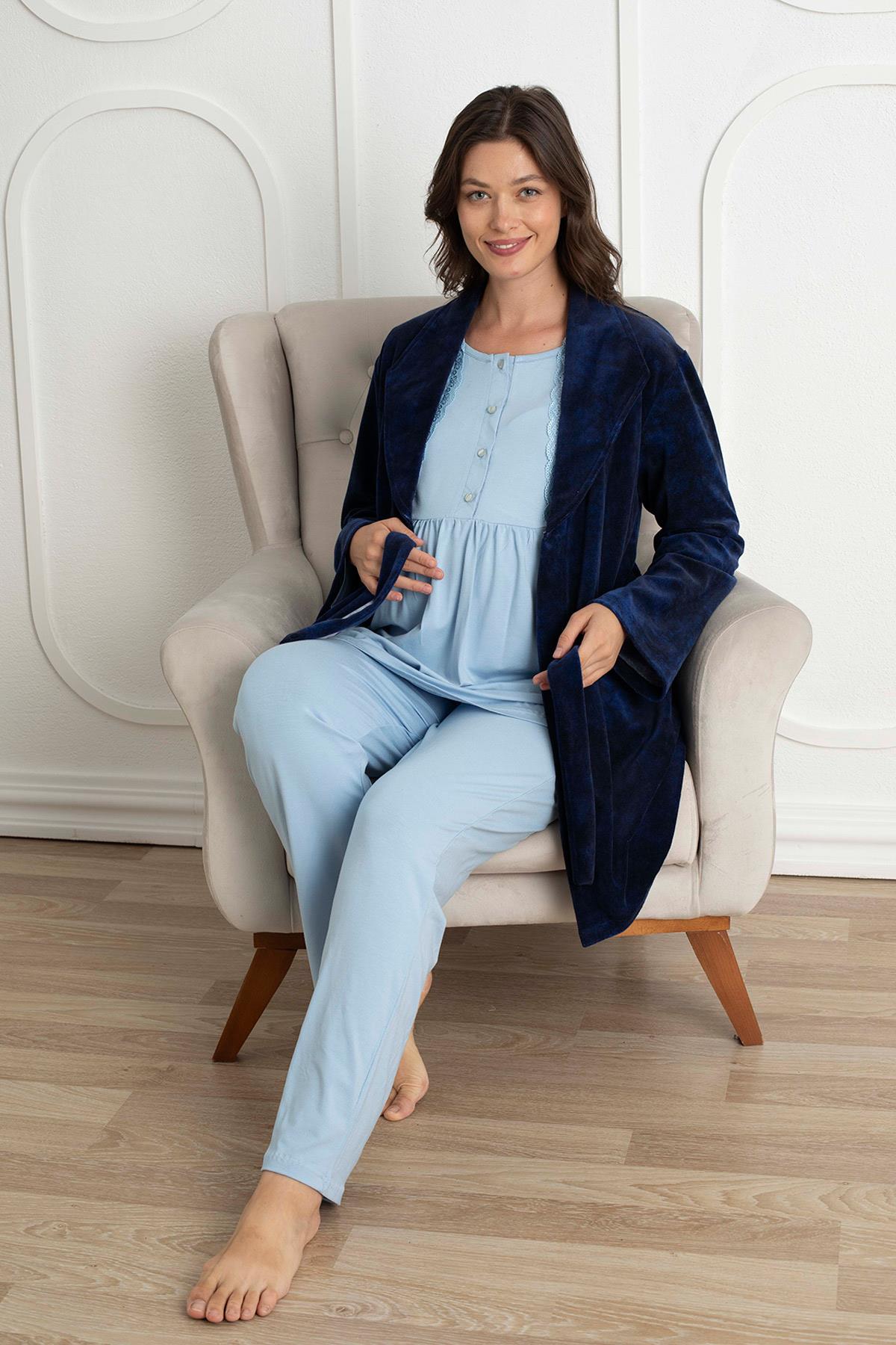 Rimel Life 2351 Kadife Sabahlıklı Lohusa Pijama Takımı