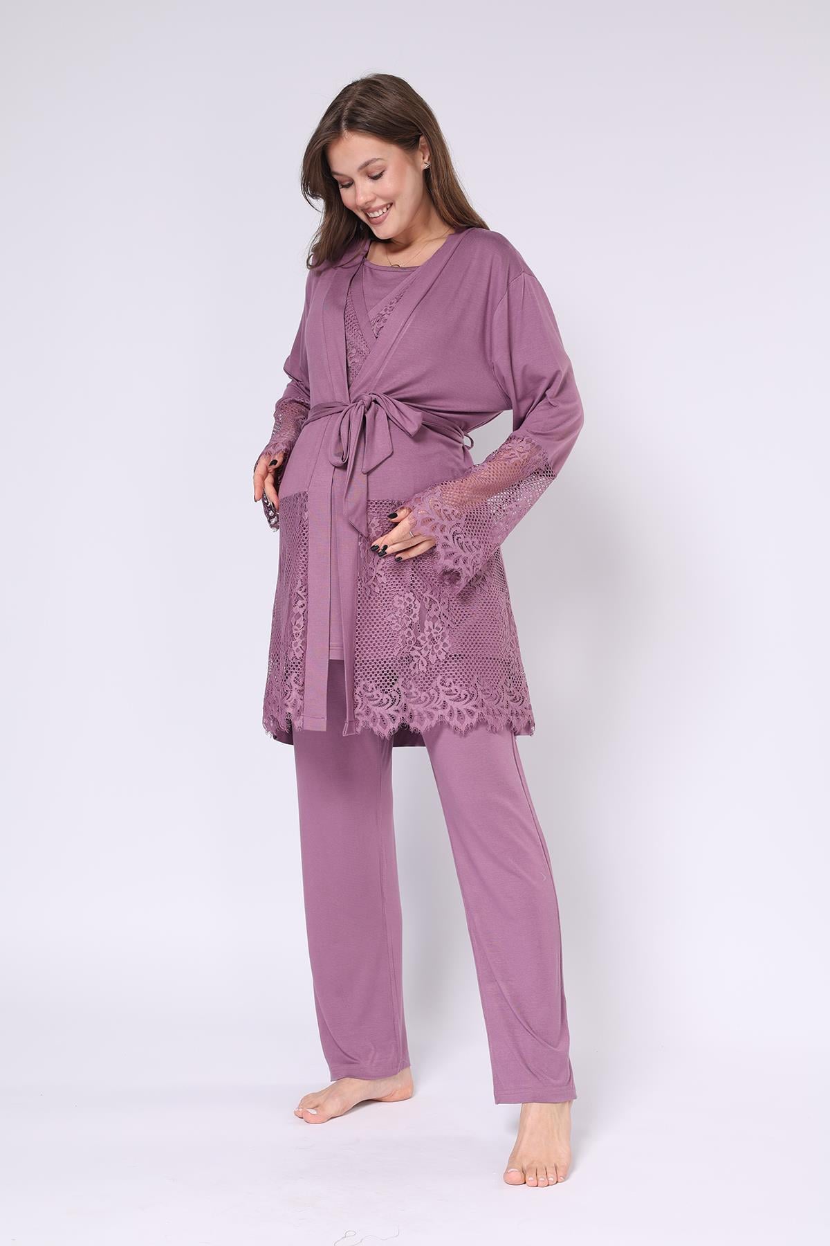 Rimel Life 550 Mürdüm Dantel İşlemeli Sabahlıklı Kruvaze Lohusa Pijama Takımı