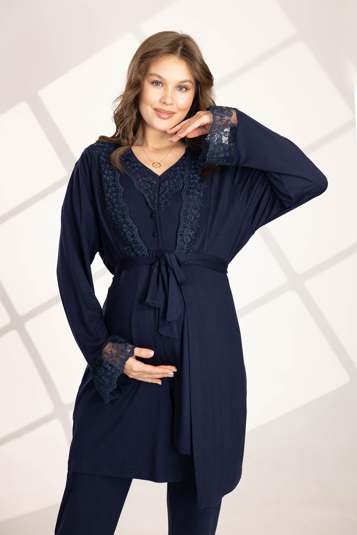 Rimel Life 563 Lacivert Güpür Detaylı Sabahlıklı Lohusa Pijama Takımı