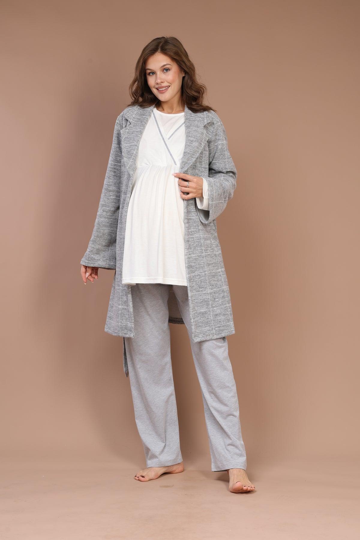 Rimel Life 603 Gri Gizli Emzirme Özellikli Kareli Sabahlıklı Lohusa Pijama Takımı