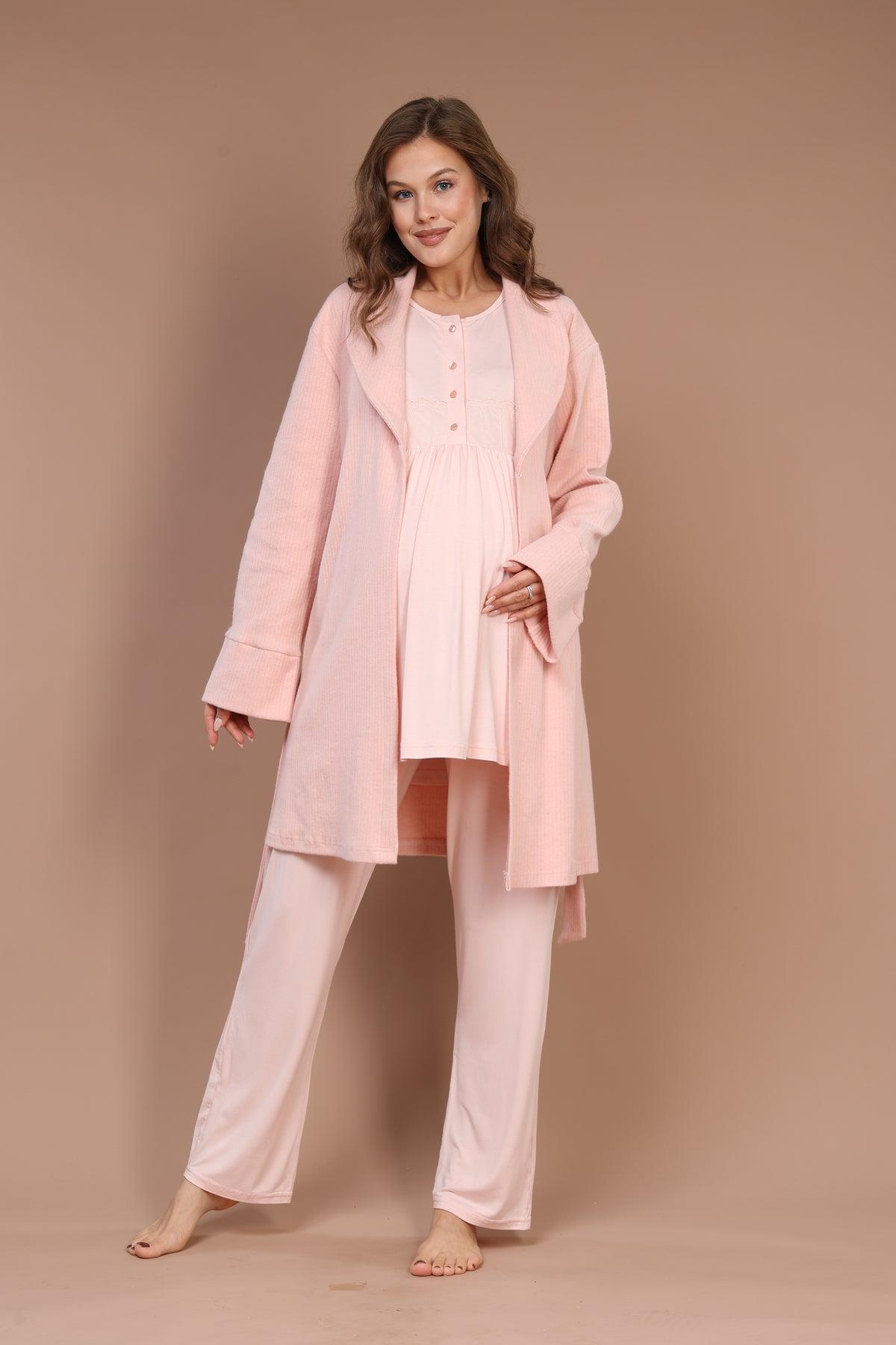 Rimel Life 607 Pudra Emzirme Özellikli Sabahlıklı Lohusa Pijama Takımı