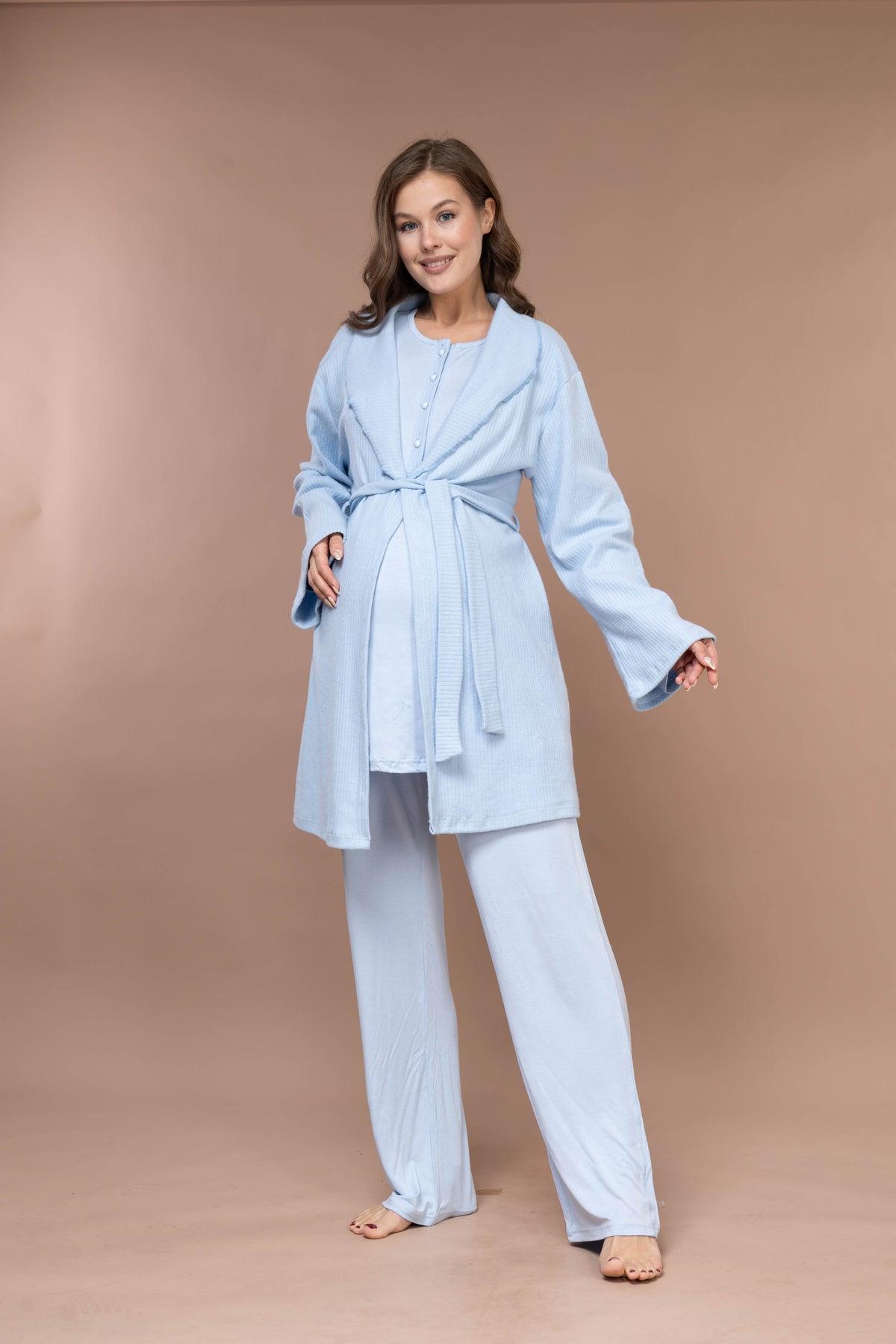 Rimel Life 626 Mavi Düğme Yaka Detaylı Sabahlıklı Lohusa Pijama Takımı