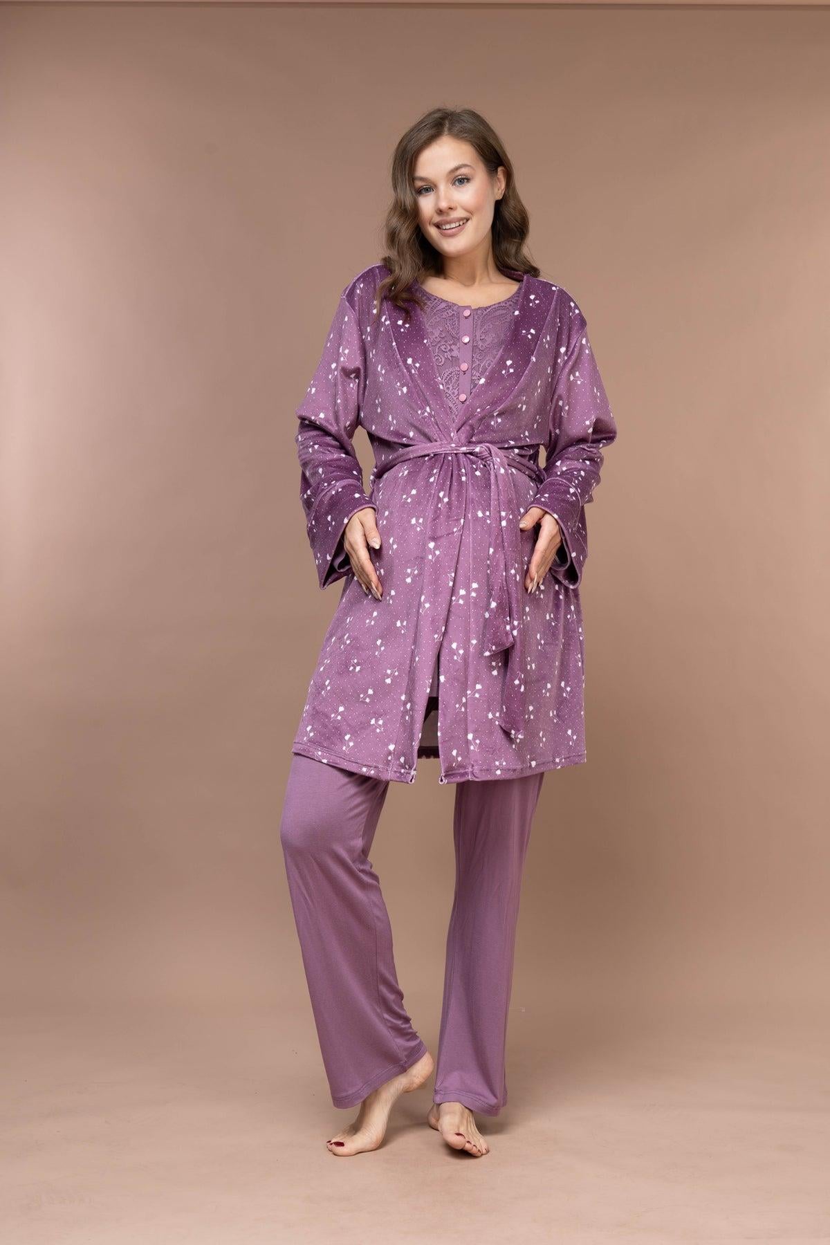 Rimel Life 628 Kadife Sabahlıklı %100 Pamuk Lohusa Pijama Takımı