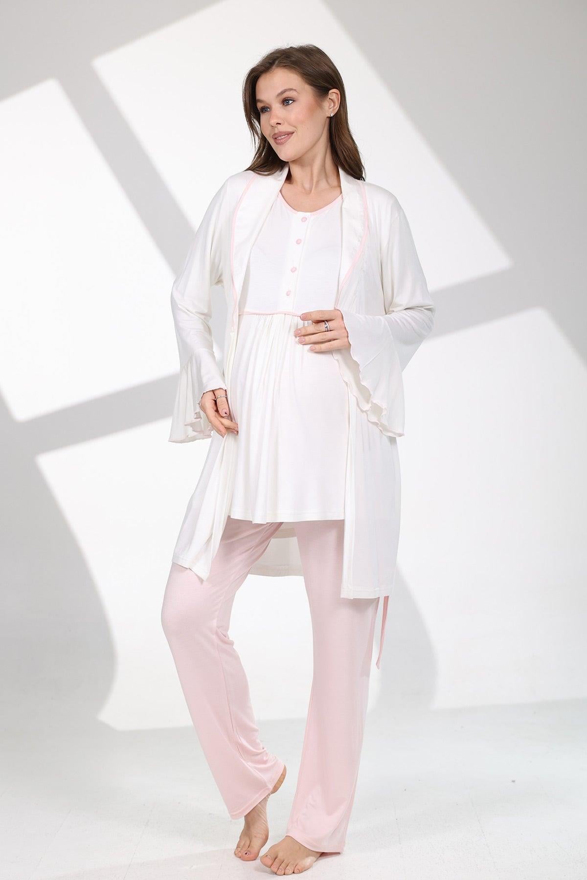 Rimel Life 709 Pembe Biyeli Lohusa Pijama ve Volan Kol Sabahlık Takımı