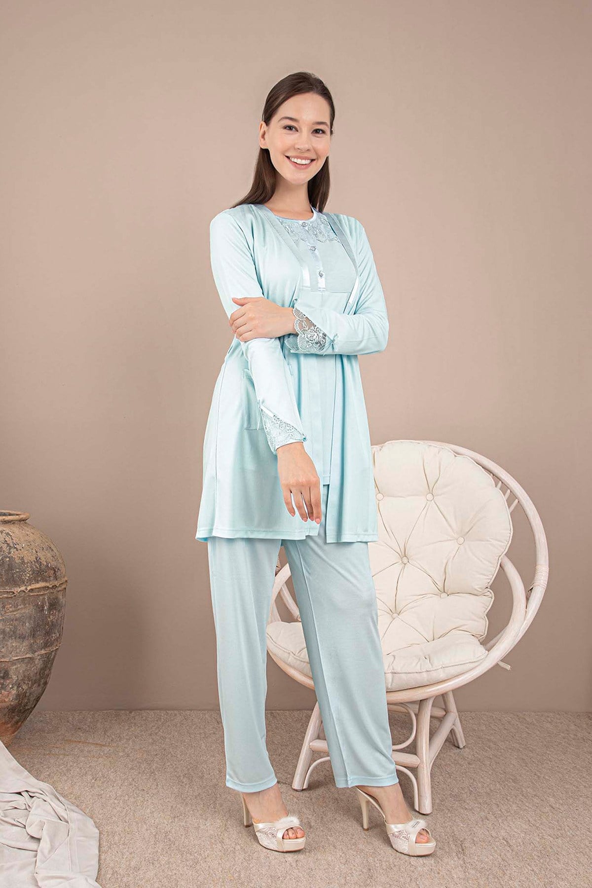 Rozalinda 123 Mavi Emzirme Özellikli Sabahlıklı Lohusa Pijama Takımı