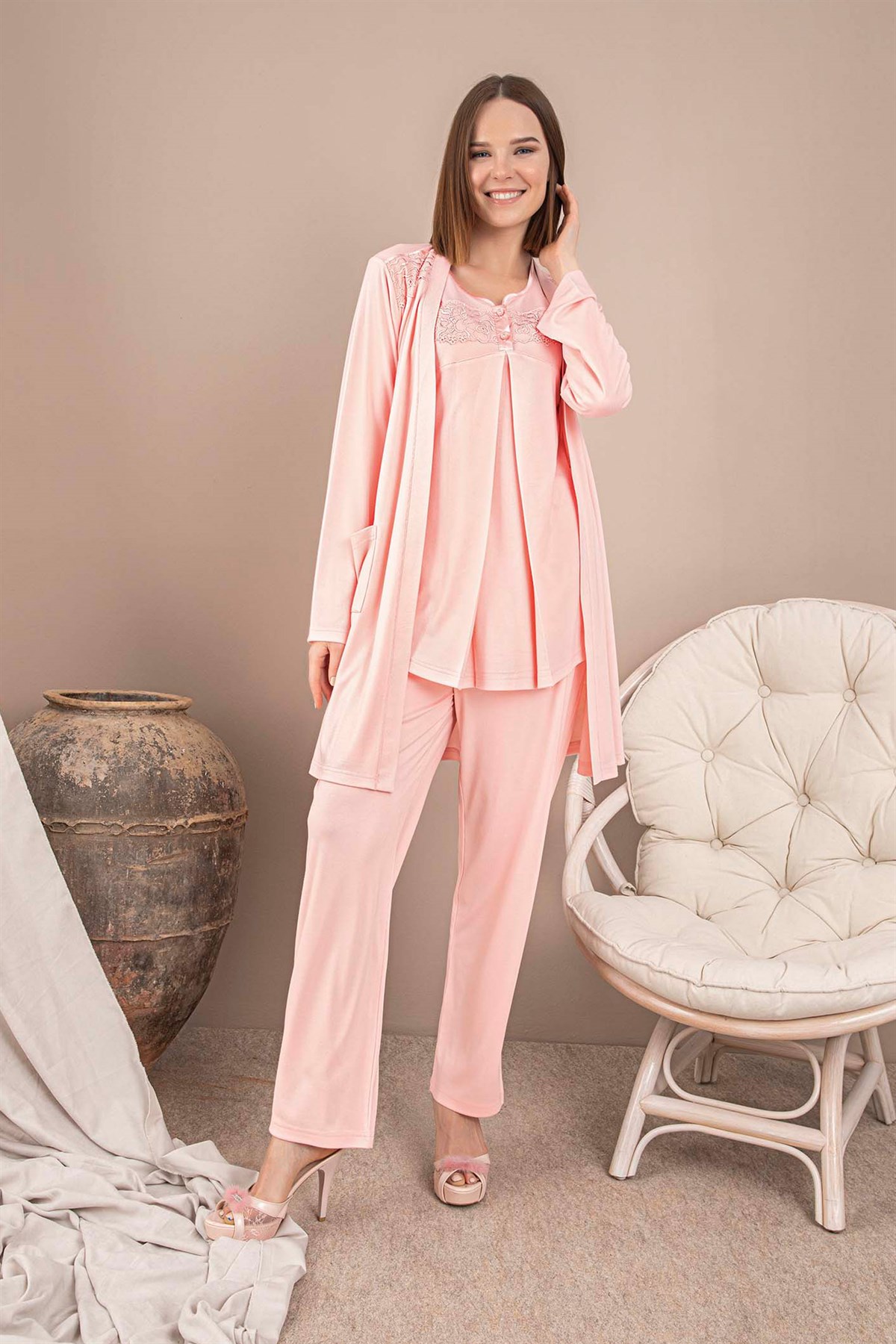 Rozalinda 125 Pudra Emzirme Özellikli Sabahlıklı Lohusa Pijama Takımı