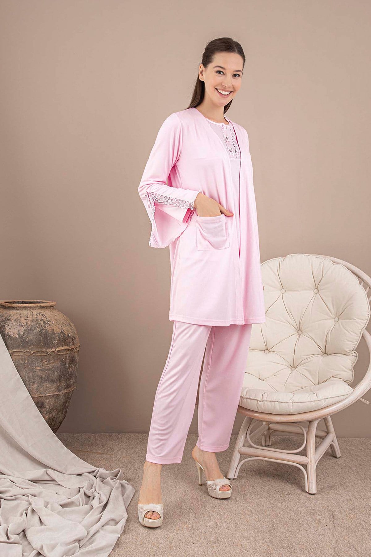 Rozalinda 133 Pembe Dantel Sabahlıklı Lohusa Pijama Takımı