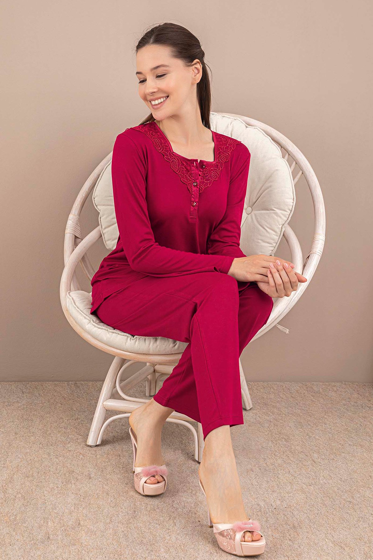Rozalinda 134 Bordo Dantel Detaylı Lohusa Pijama Takımı