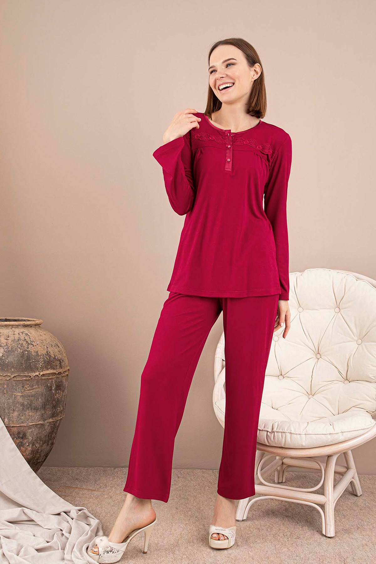 Rozalinda 136 Bordo Dantel Detaylı Lohusa Pijama Takımı