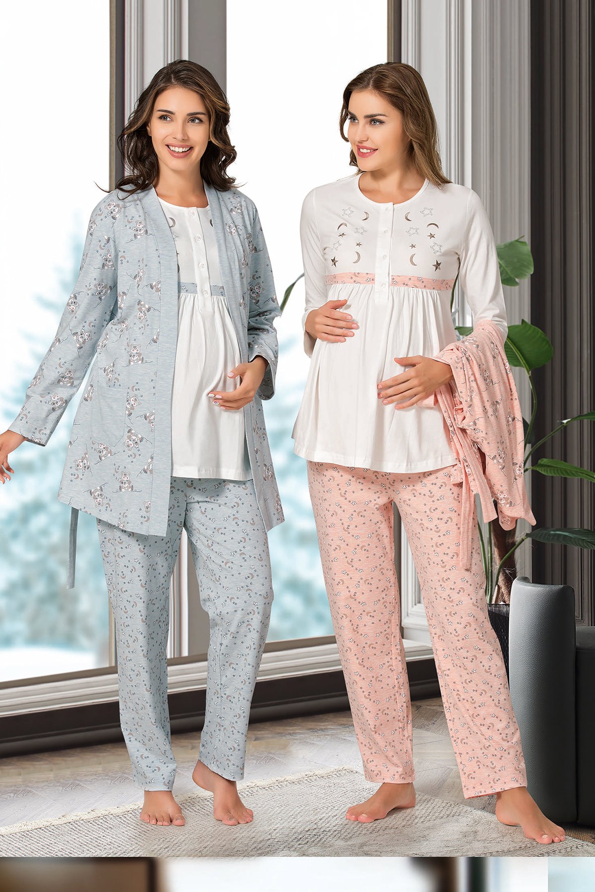 Rozalinda 2038 Desen Sabahlıklı Lohusa Pijama Takımı